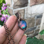 Aurora opal blue and green round copper wire wrapped pendant by Moonlet Jewelry