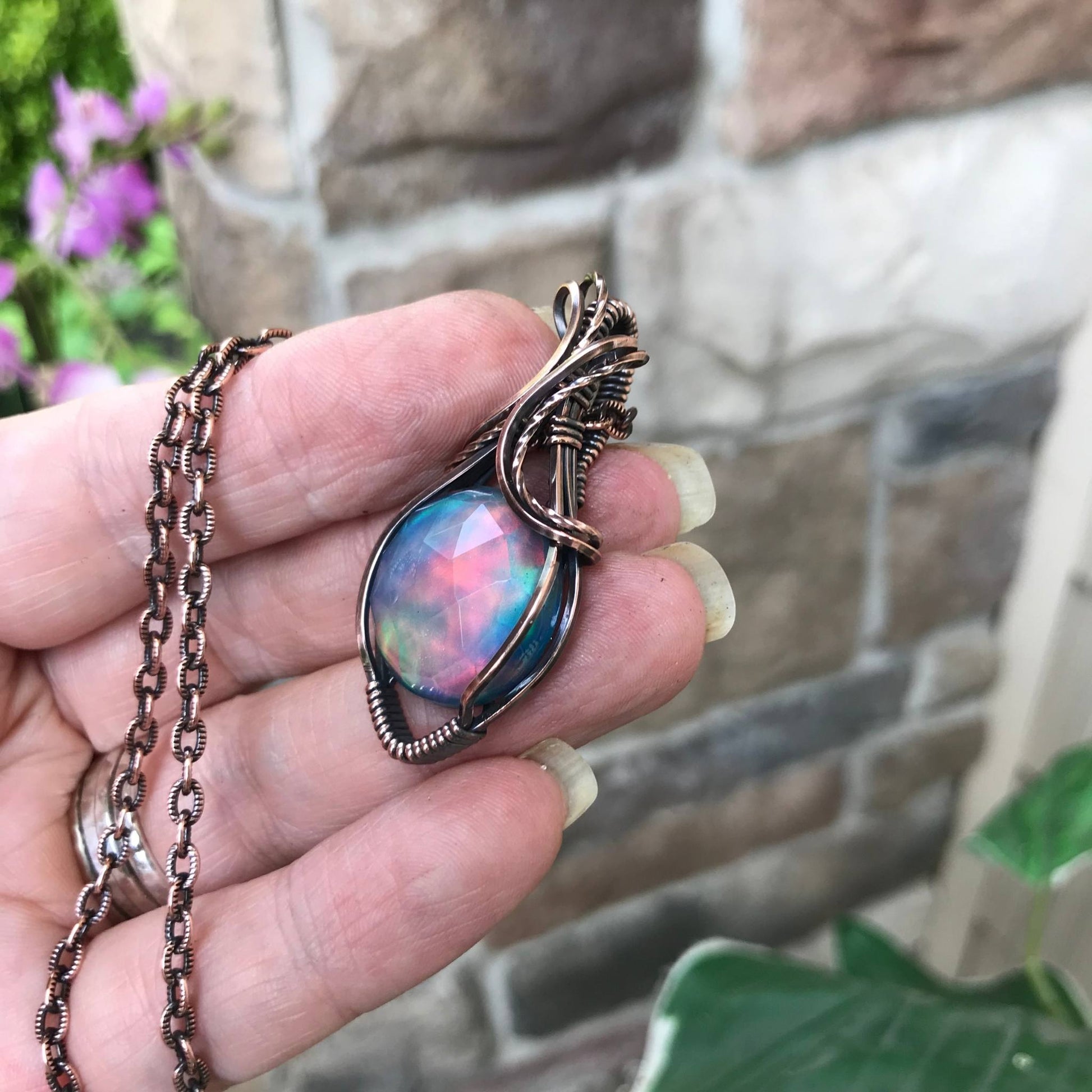 Aurora opal blue and green round copper wire wrapped pendant by Moonlet Jewelry