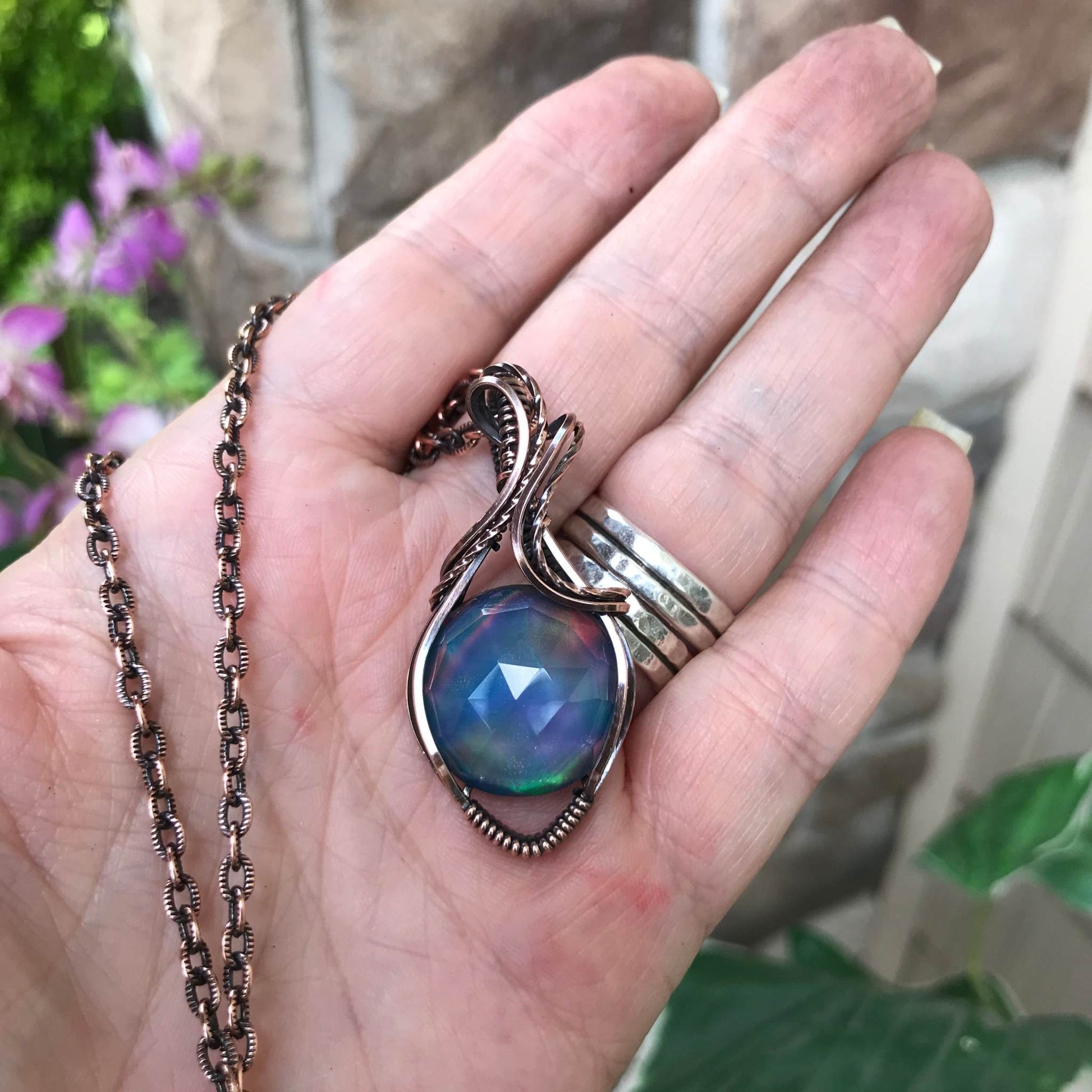Aurora opal blue and green round copper wire wrapped pendant by Moonlet Jewelry