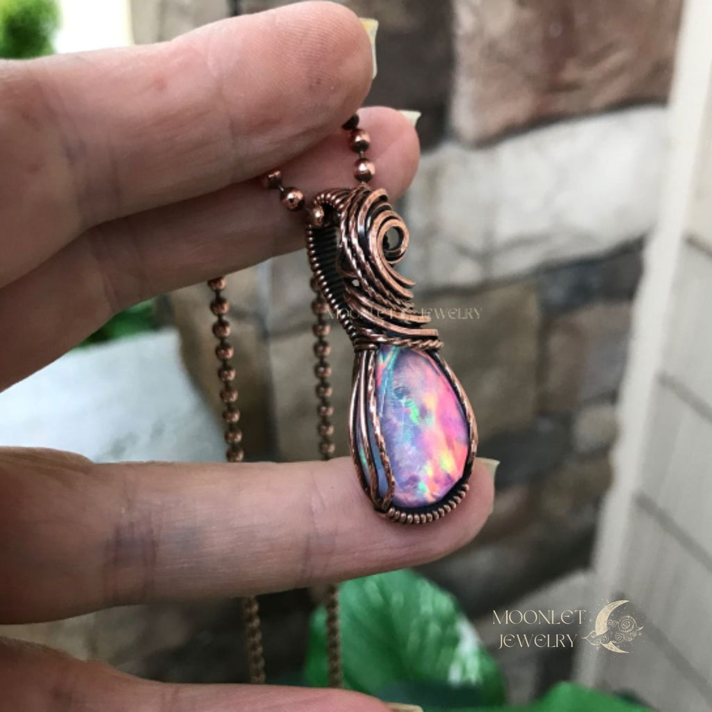 aurora opal faceted teardrop copper necklace moonlet jewelry