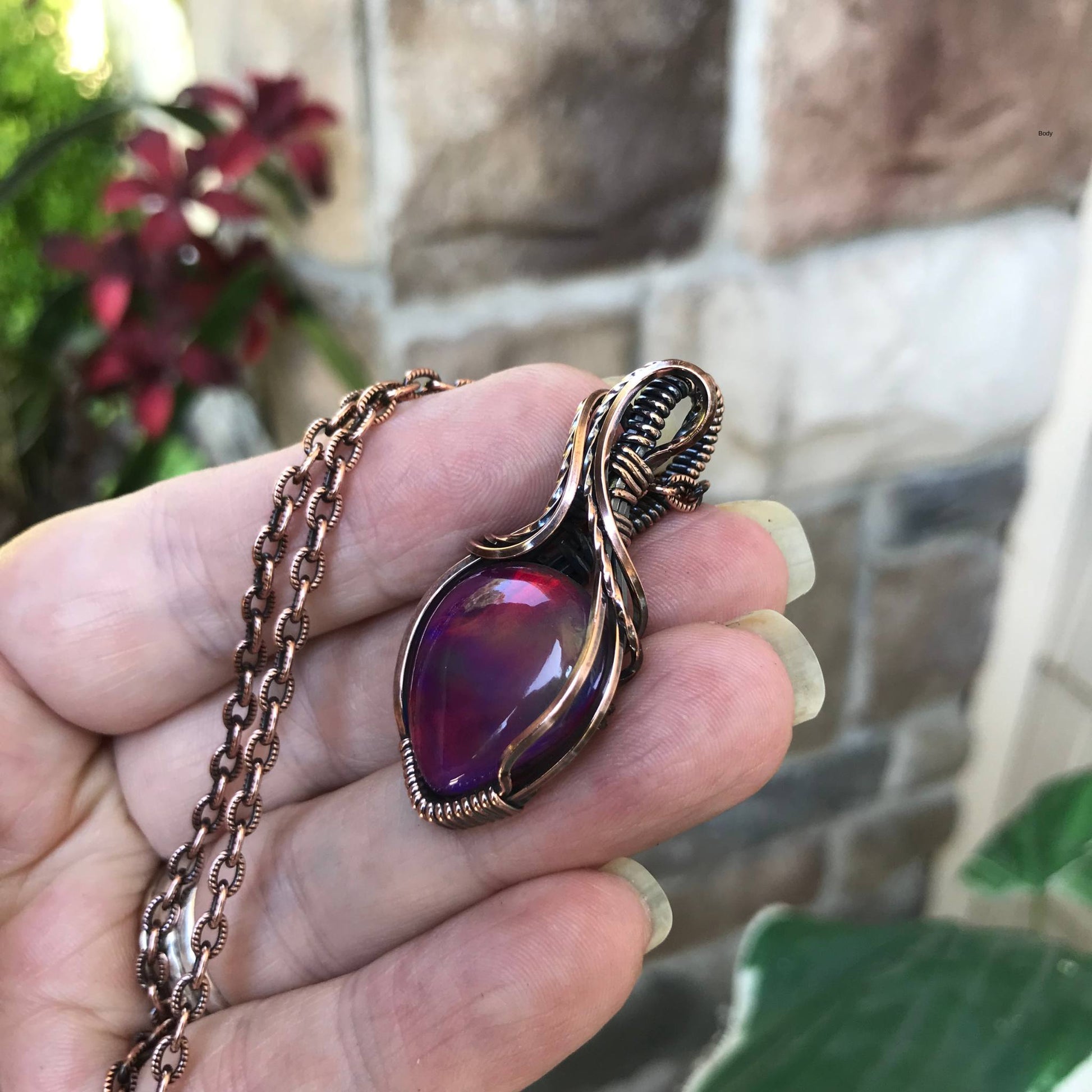 Aurora opal magenta red copper wire wrapped pendant necklace by Moonlet Jewelry