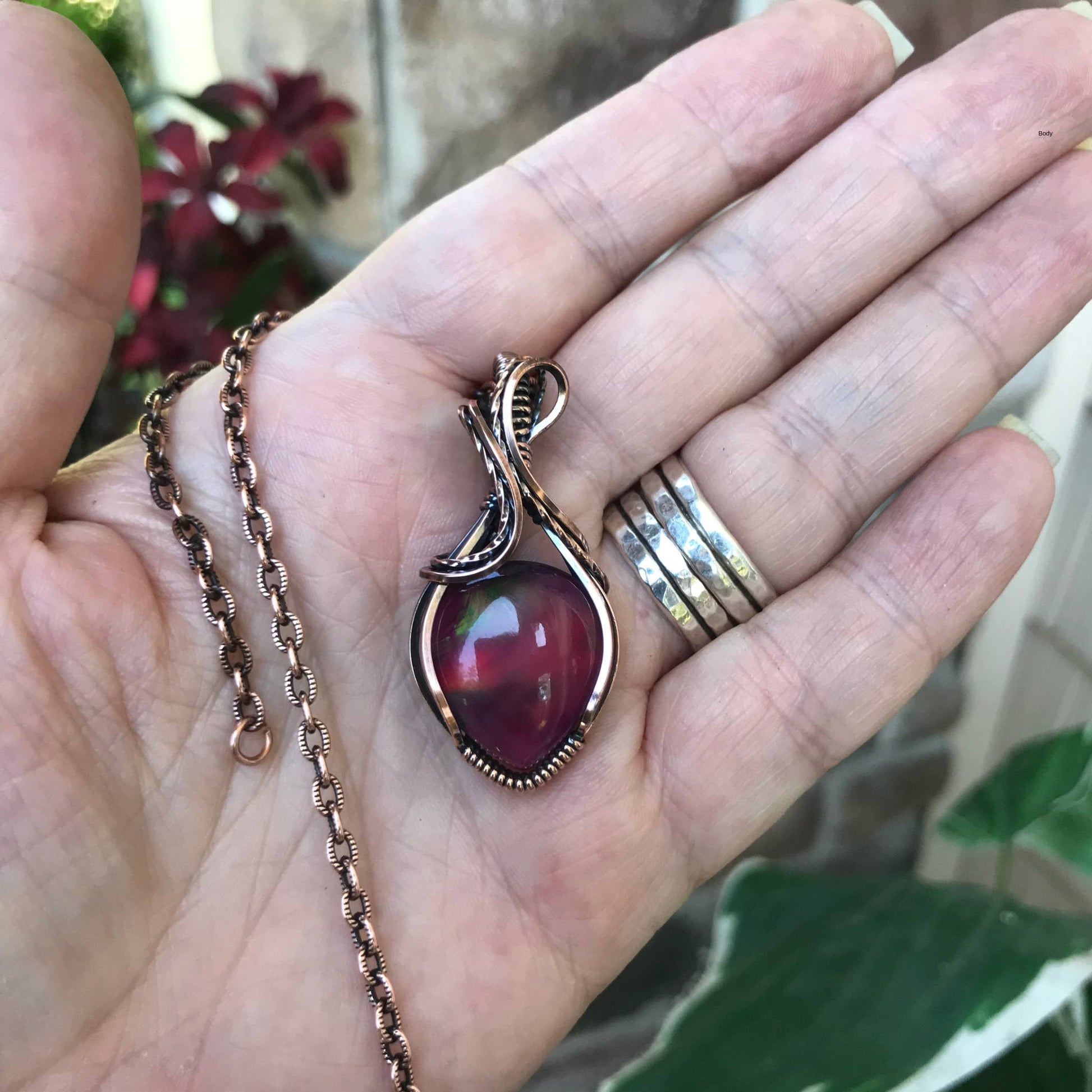 Aurora opal magenta red copper wire wrapped pendant necklace by Moonlet Jewelry