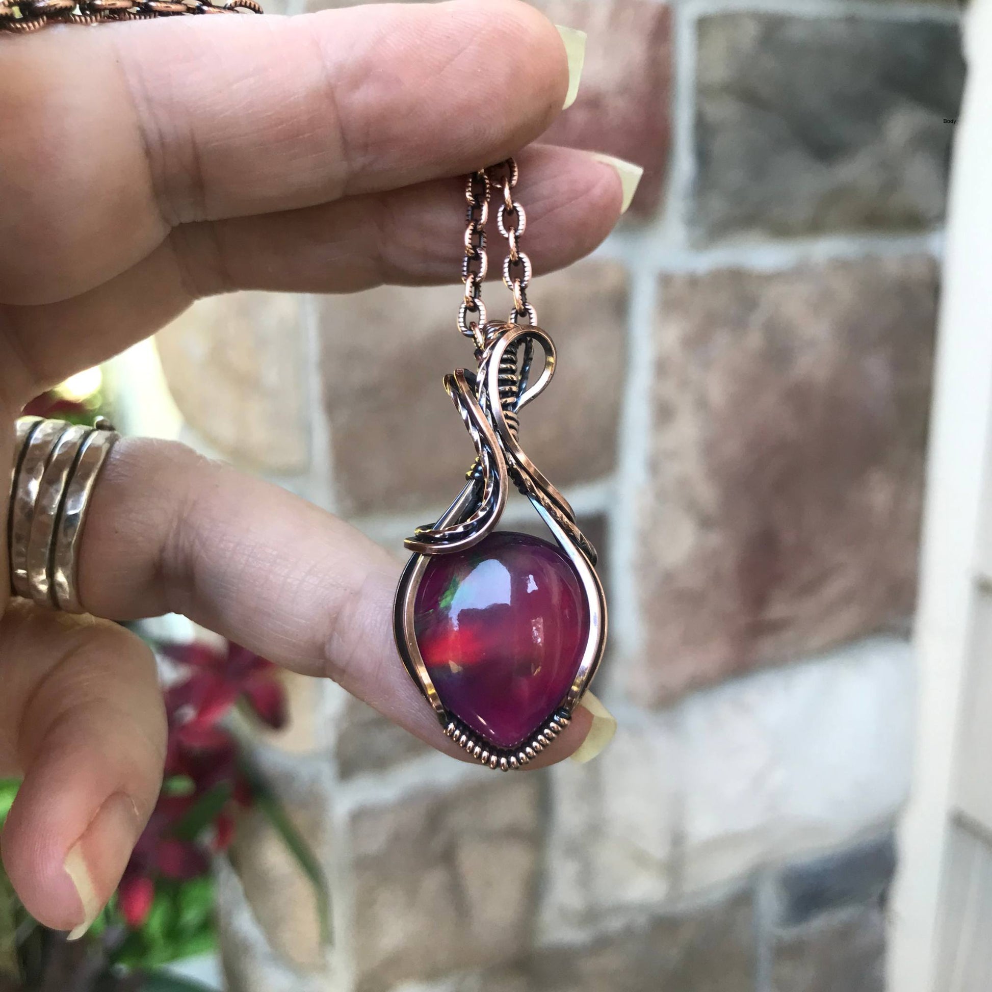 Aurora opal magenta red copper wire wrapped pendant necklace by Moonlet Jewelry