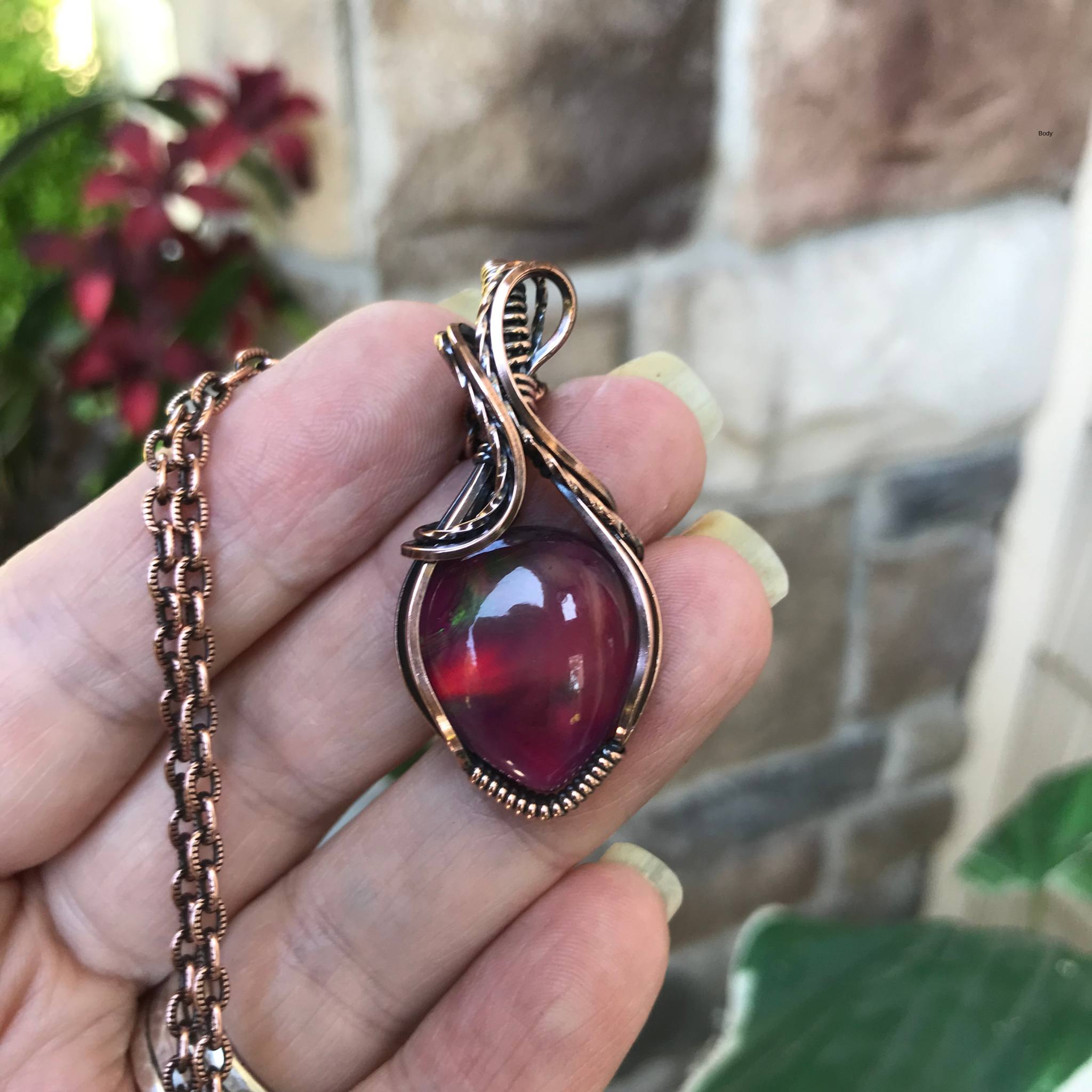 Aurora opal magenta red copper wire wrapped pendant necklace by Moonlet Jewelry