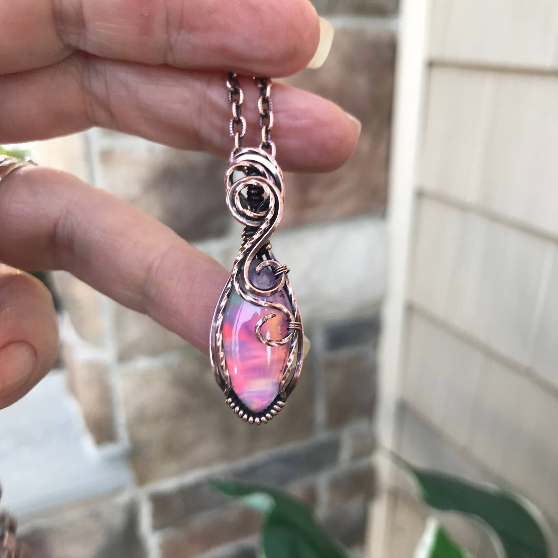 Aurora Opal Pink Rainbow Marquis Copper Pendant