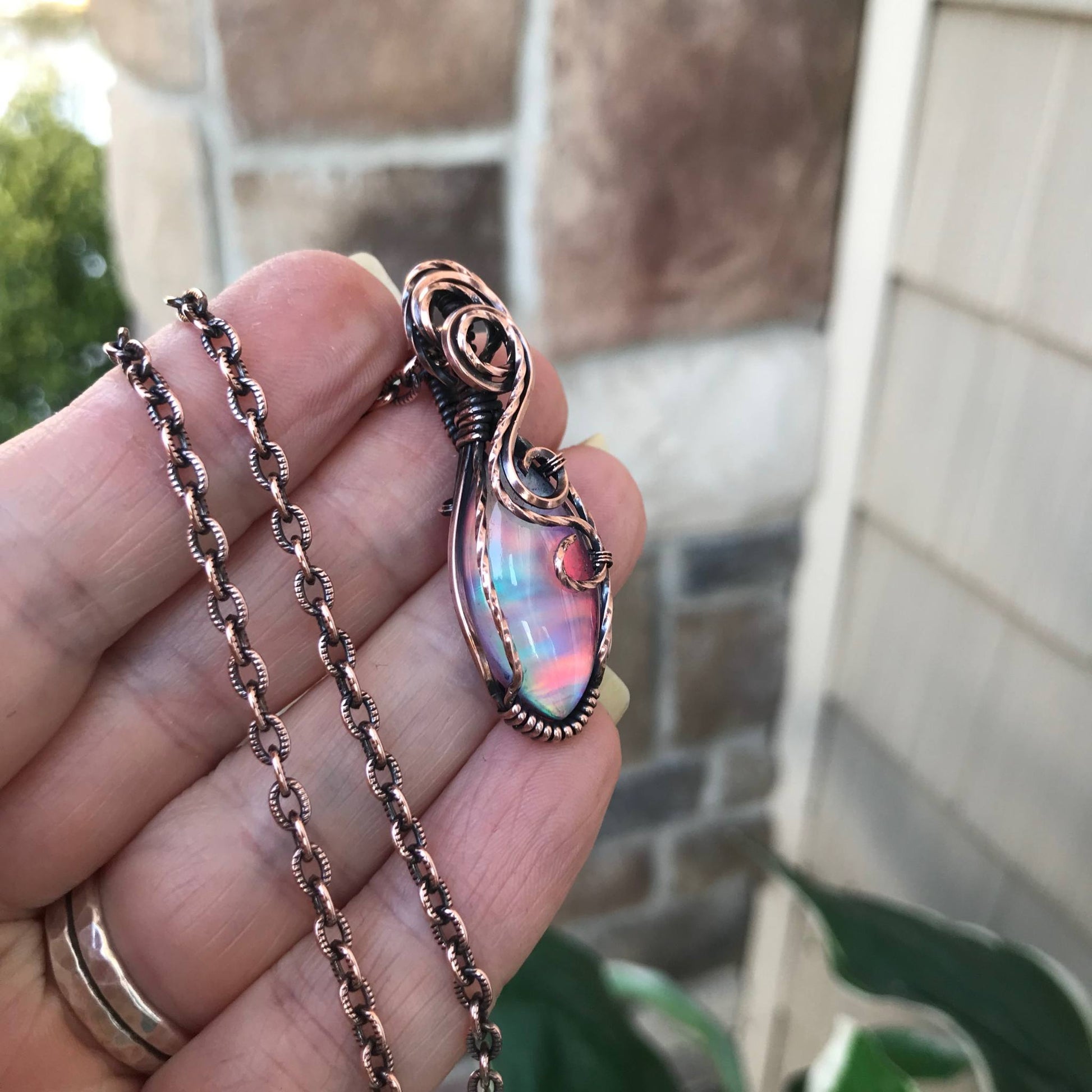 Aurora Opal Pink Rainbow Marquis Copper Pendant