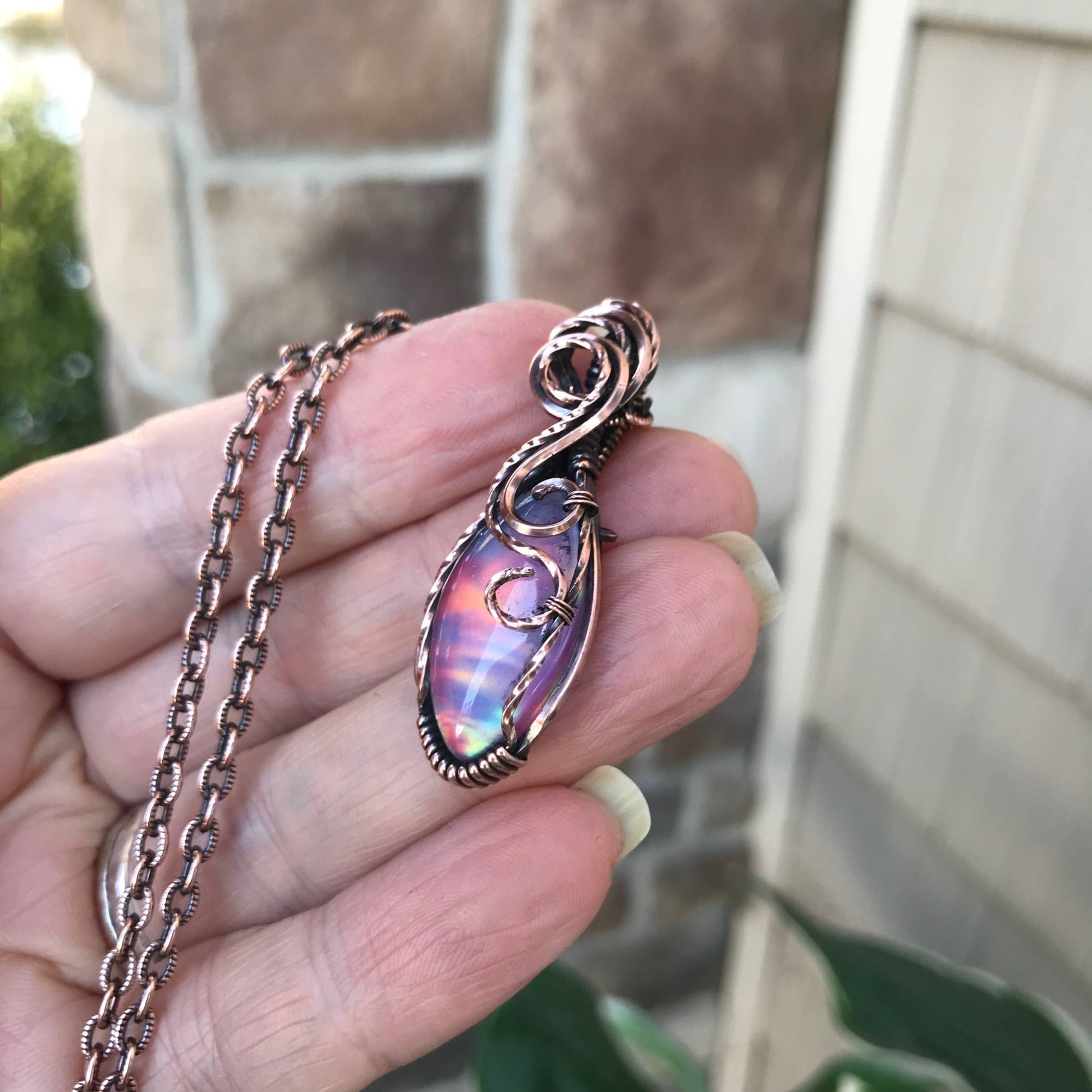 Aurora Opal Pink Rainbow Marquis Copper Pendant