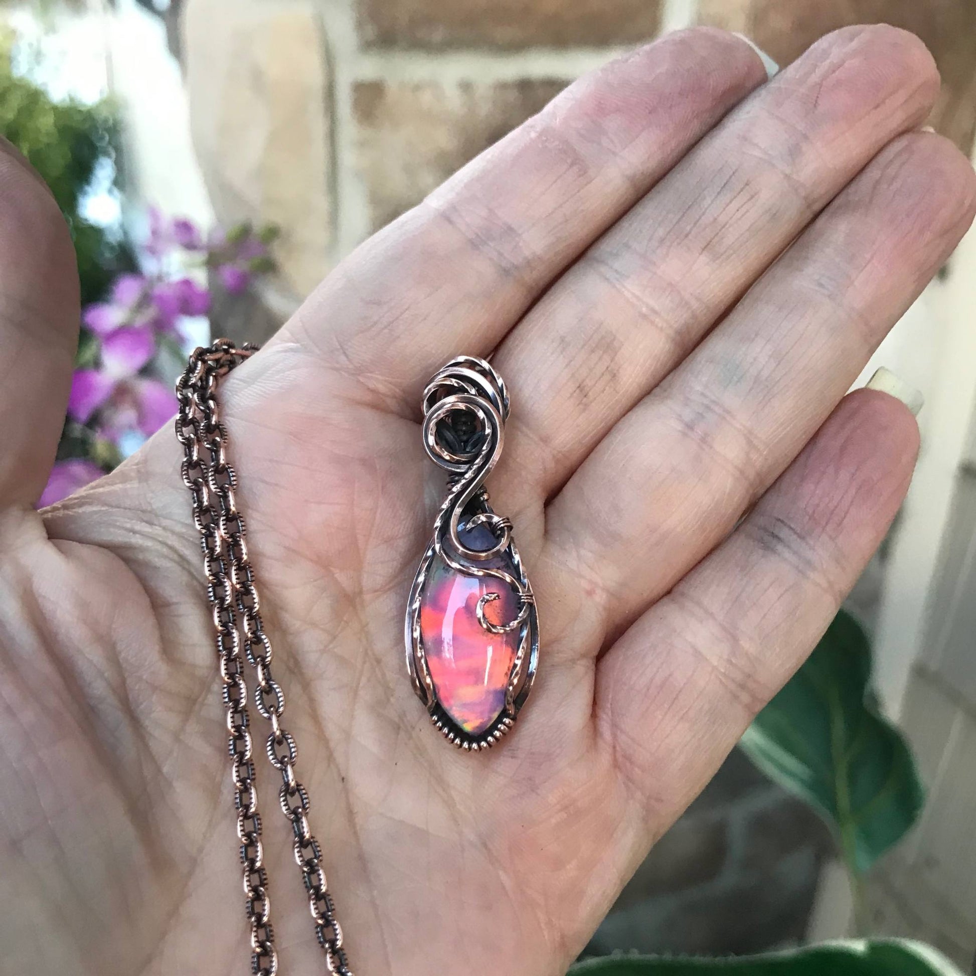 Aurora Opal Pink Rainbow Marquis Copper Pendant