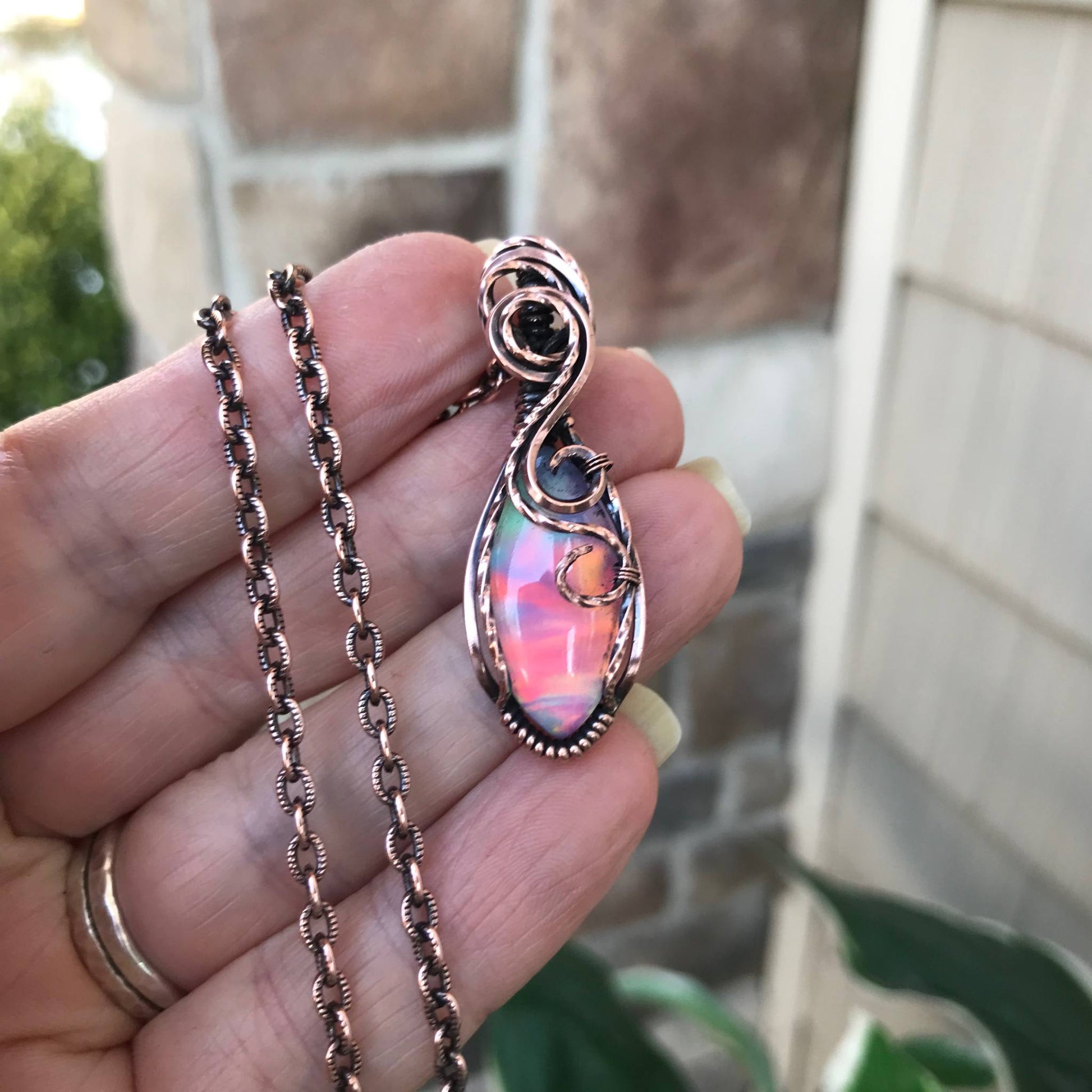 Aurora Opal Pink Rainbow Marquis Copper Pendant