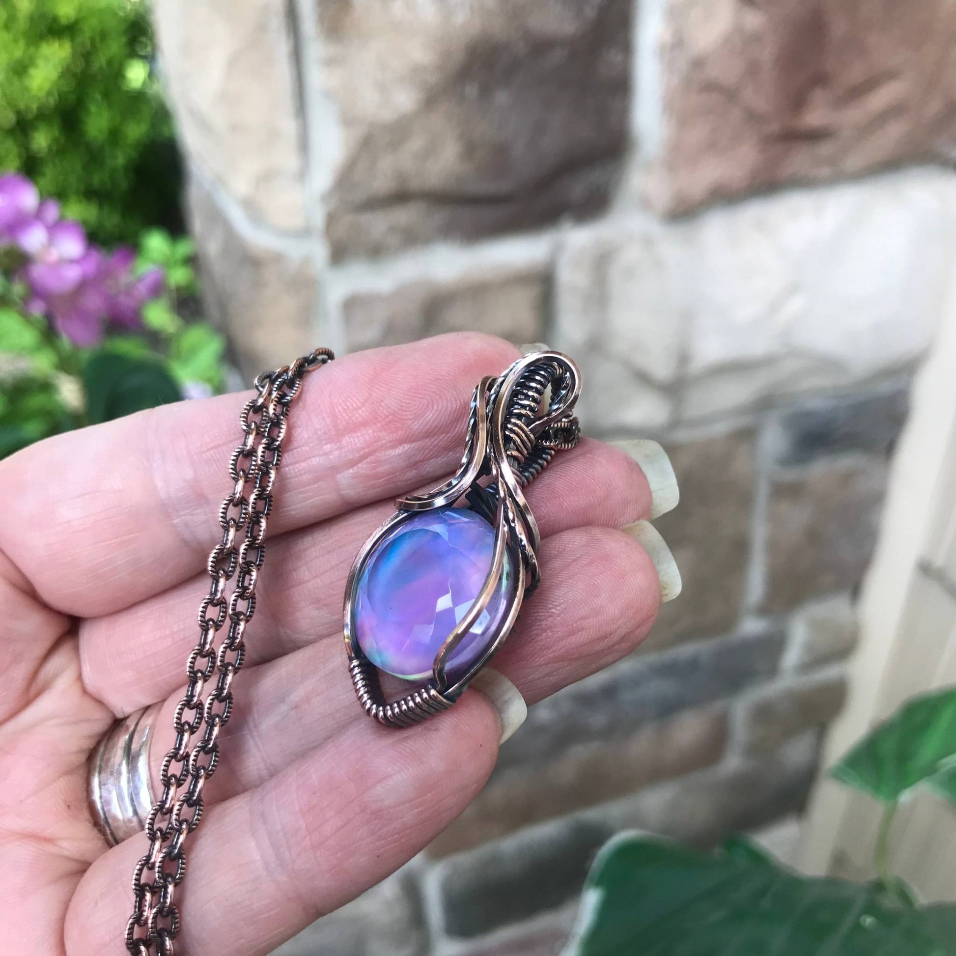 Aurora opal purple and pink copper wire wrapped pendant by Moonlet Jewelry