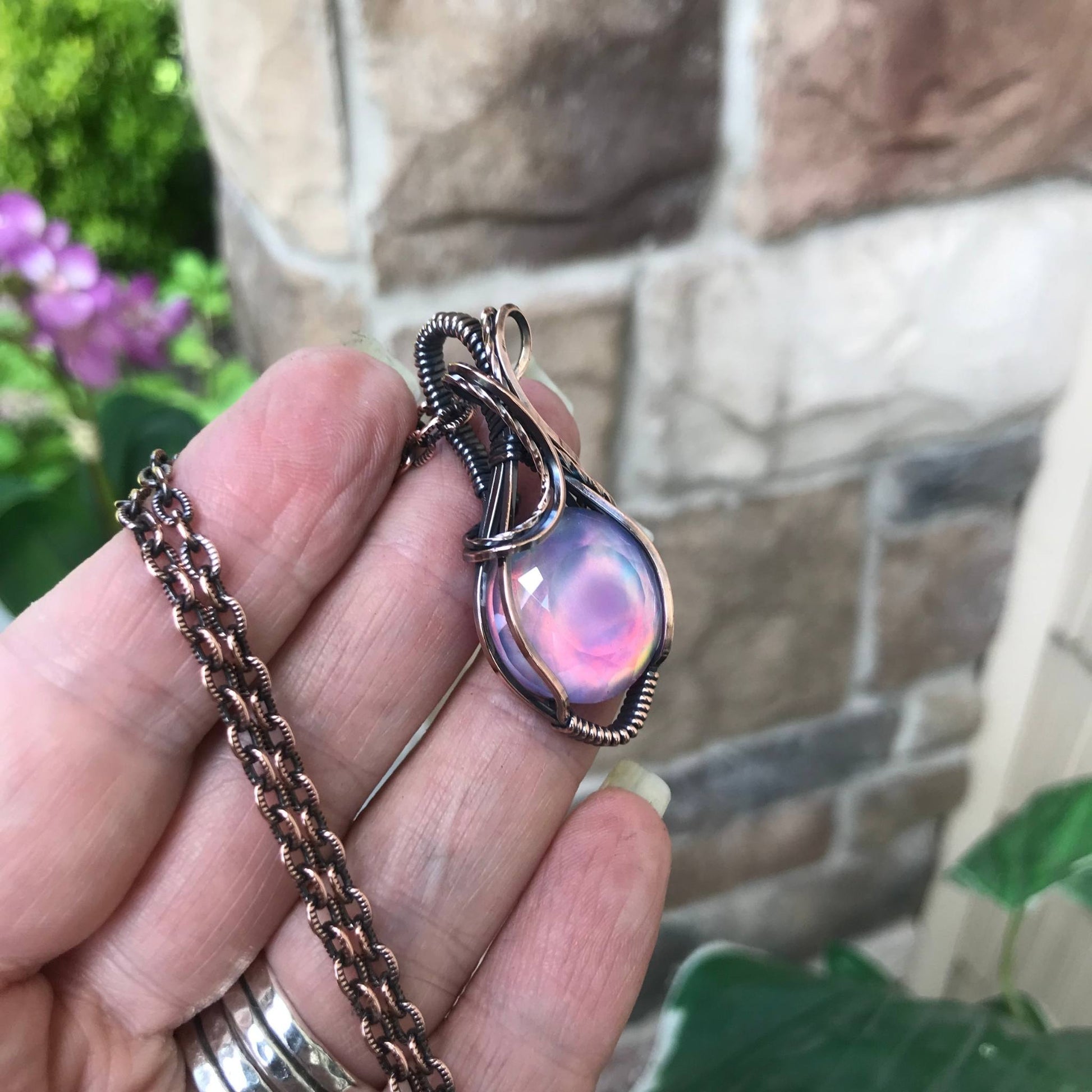 Aurora opal purple and pink copper wire wrapped pendant by Moonlet Jewelry