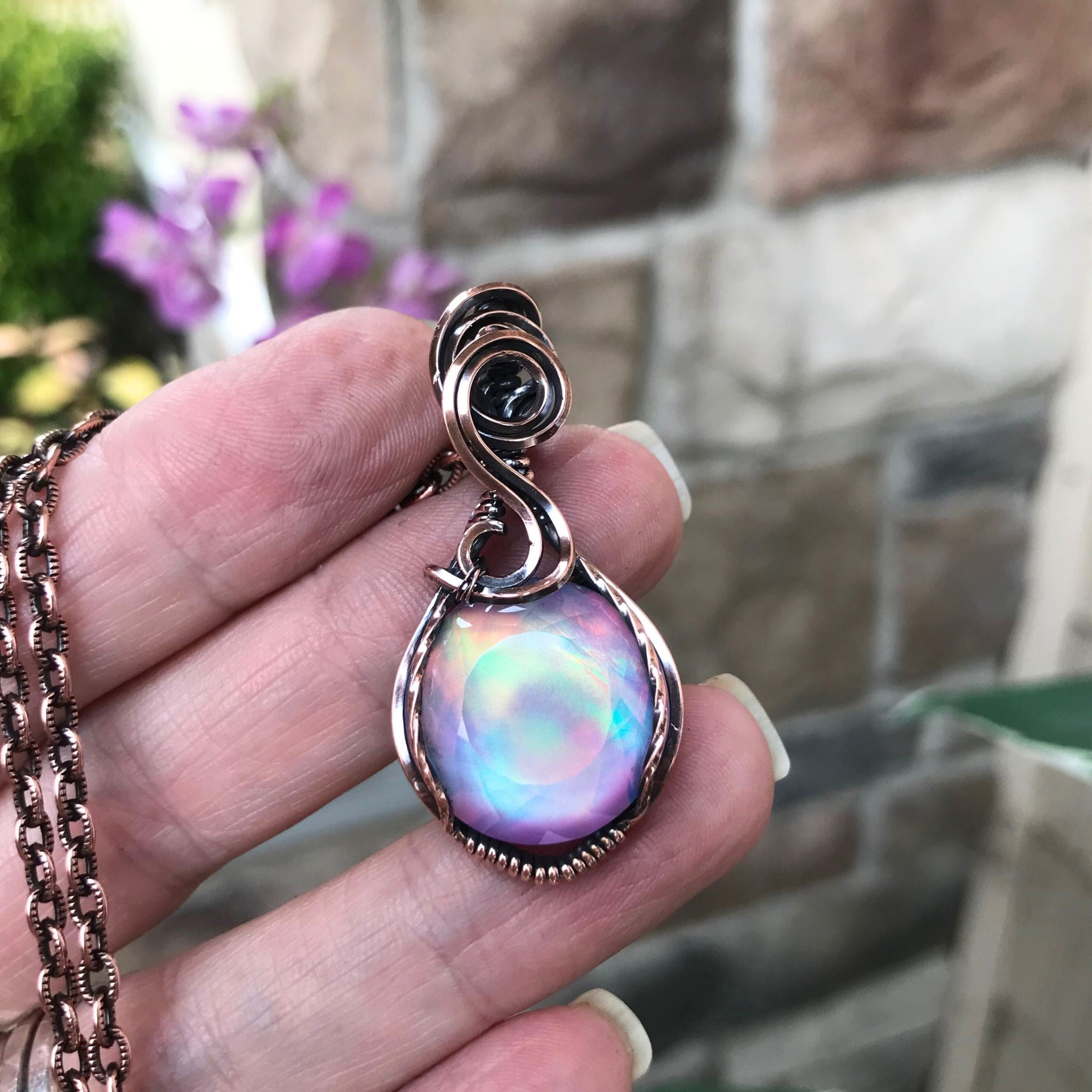 Aurora Opal Pastel Rainbow Round Copper Necklace