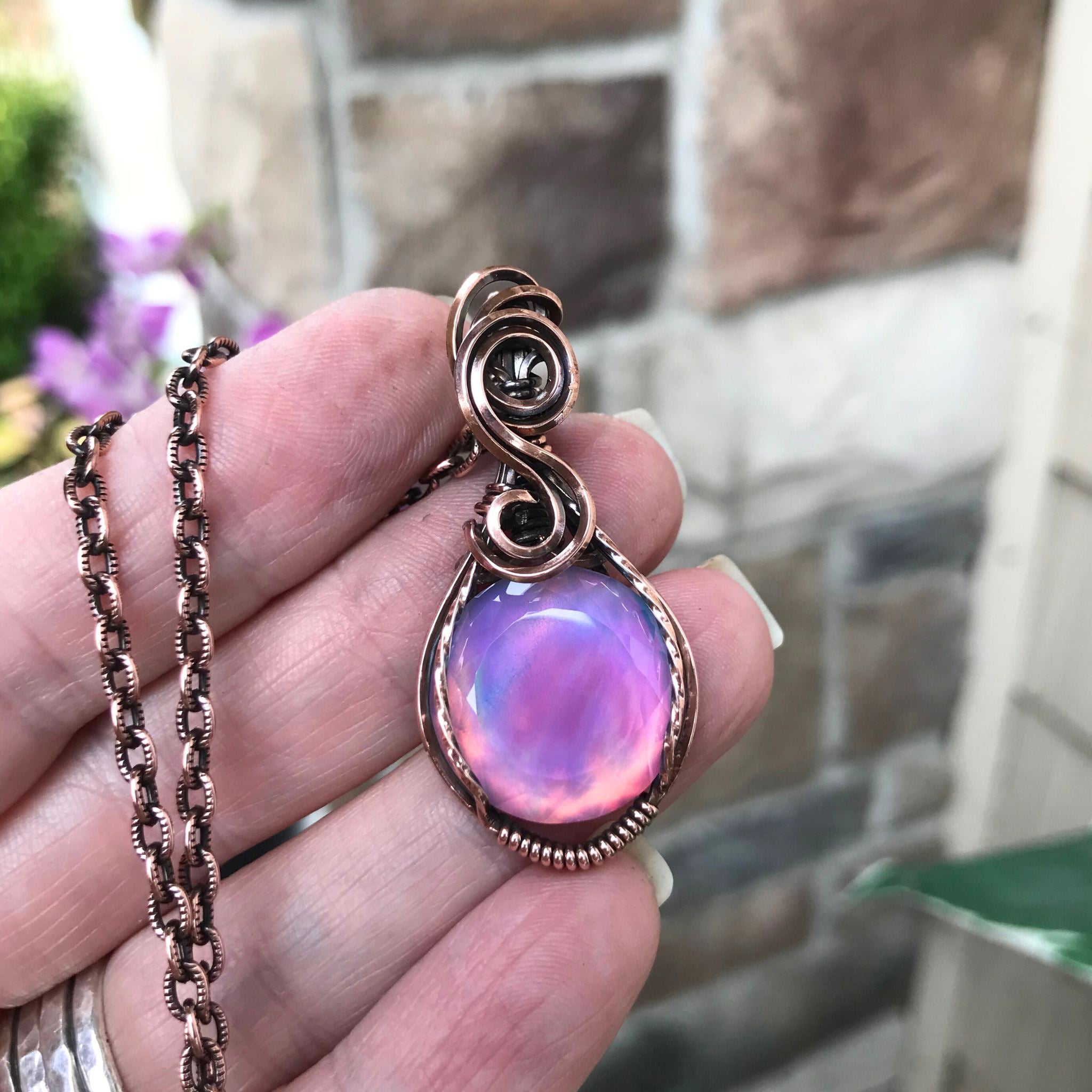 Aurora Opal Pink & Purple Round Copper Pendant