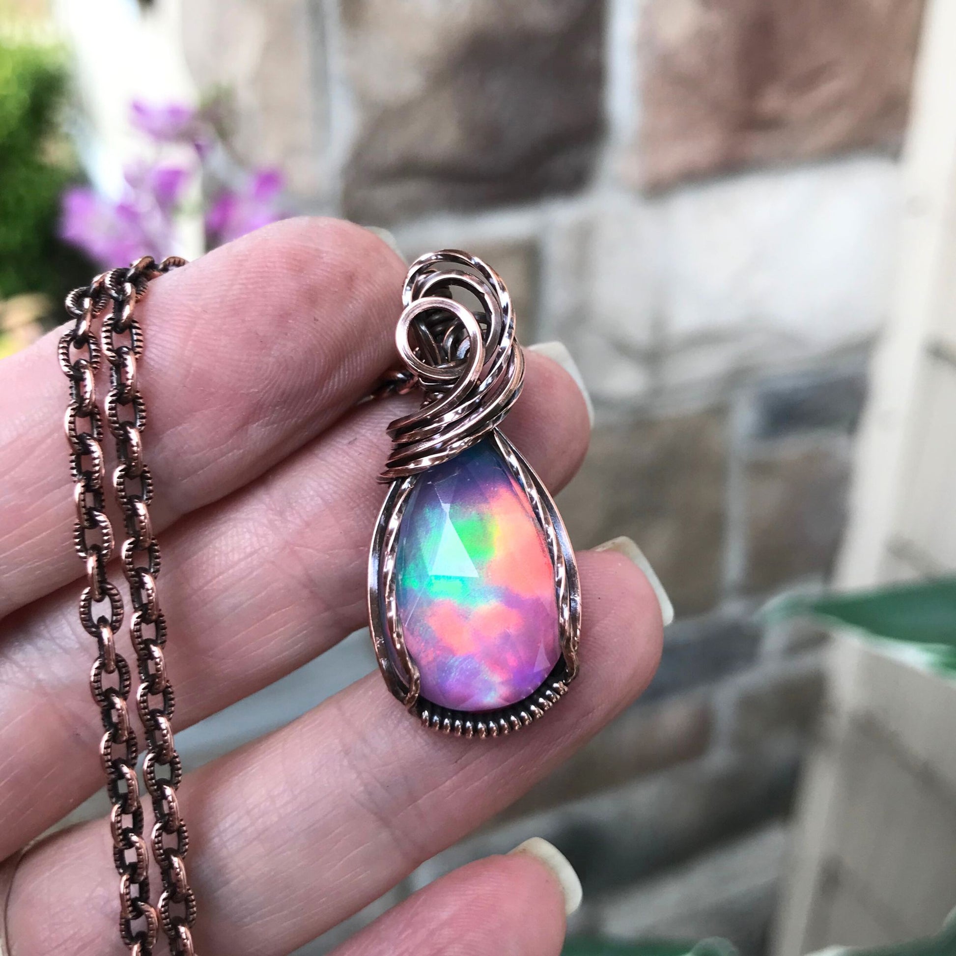 Aurora Opal Faceted Rainbow Copper Necklace