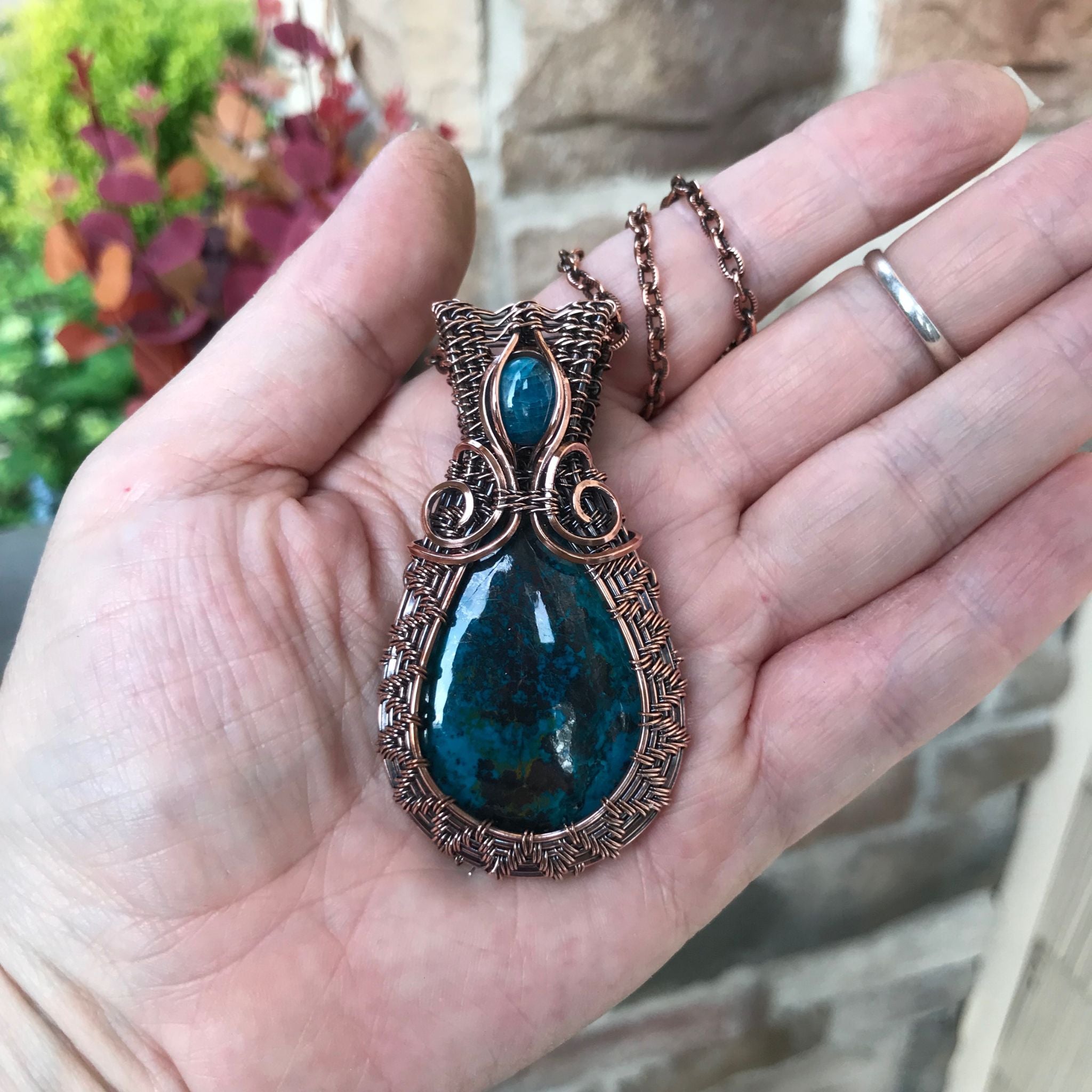 Azurite/Malachite with Apatite Woven Copper Pendant