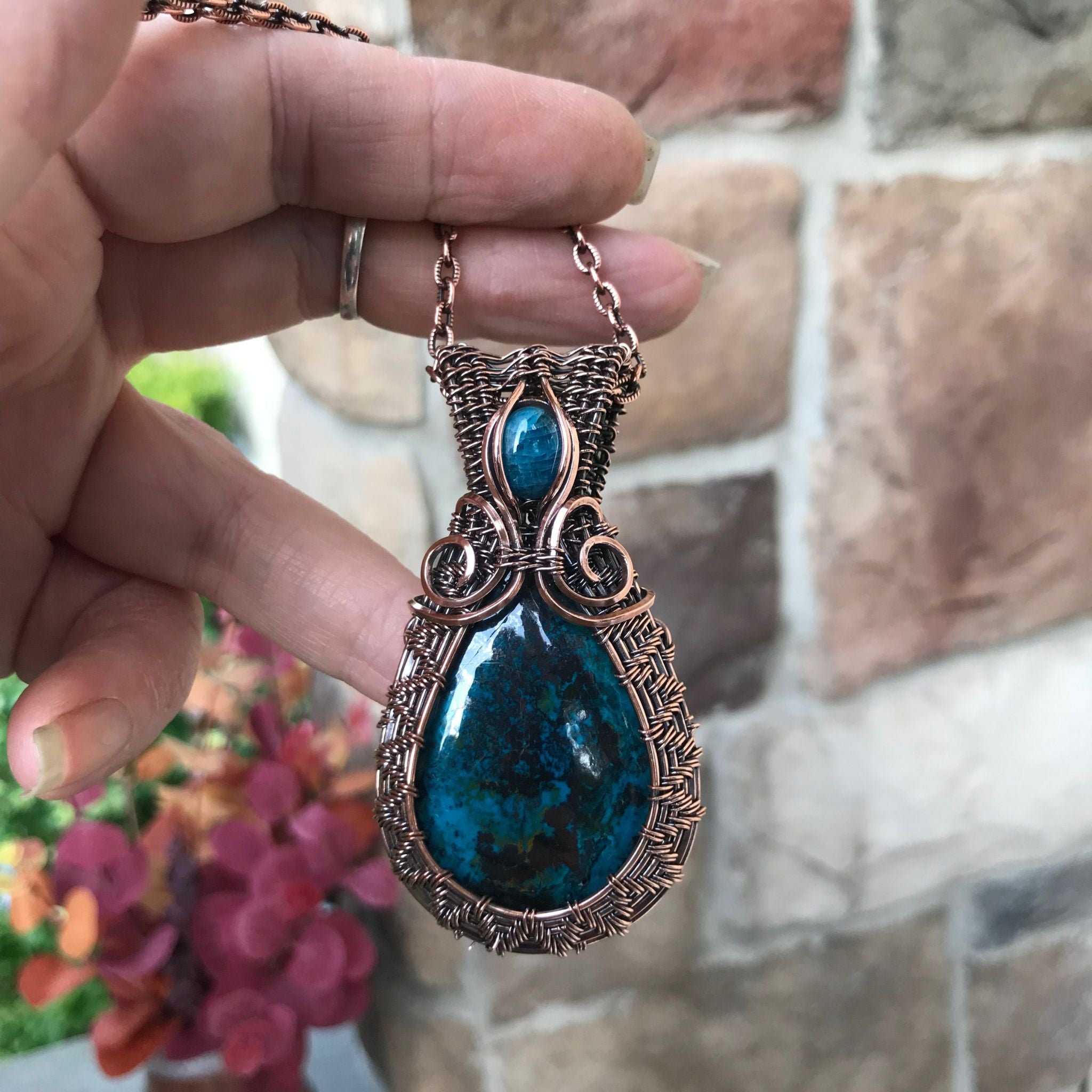 Azurite/Malachite with Apatite Woven Copper Pendant