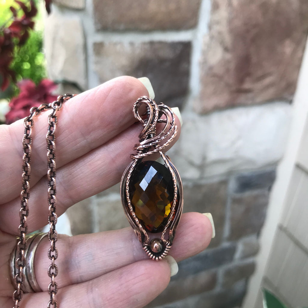 Faceted beer quartz copper wire wrapped pendant