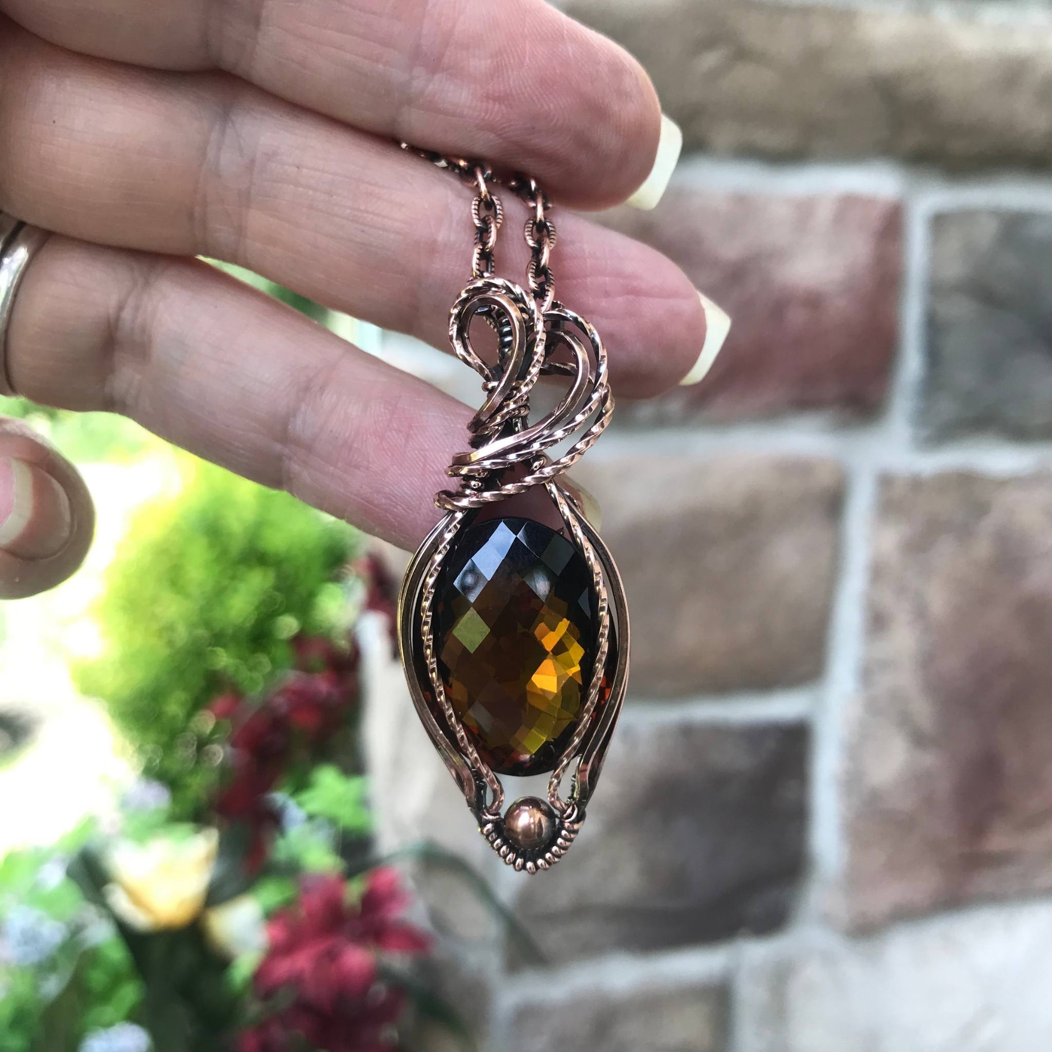 Faceted beer quartz copper wire wrapped pendant by Moonlet Jewelry