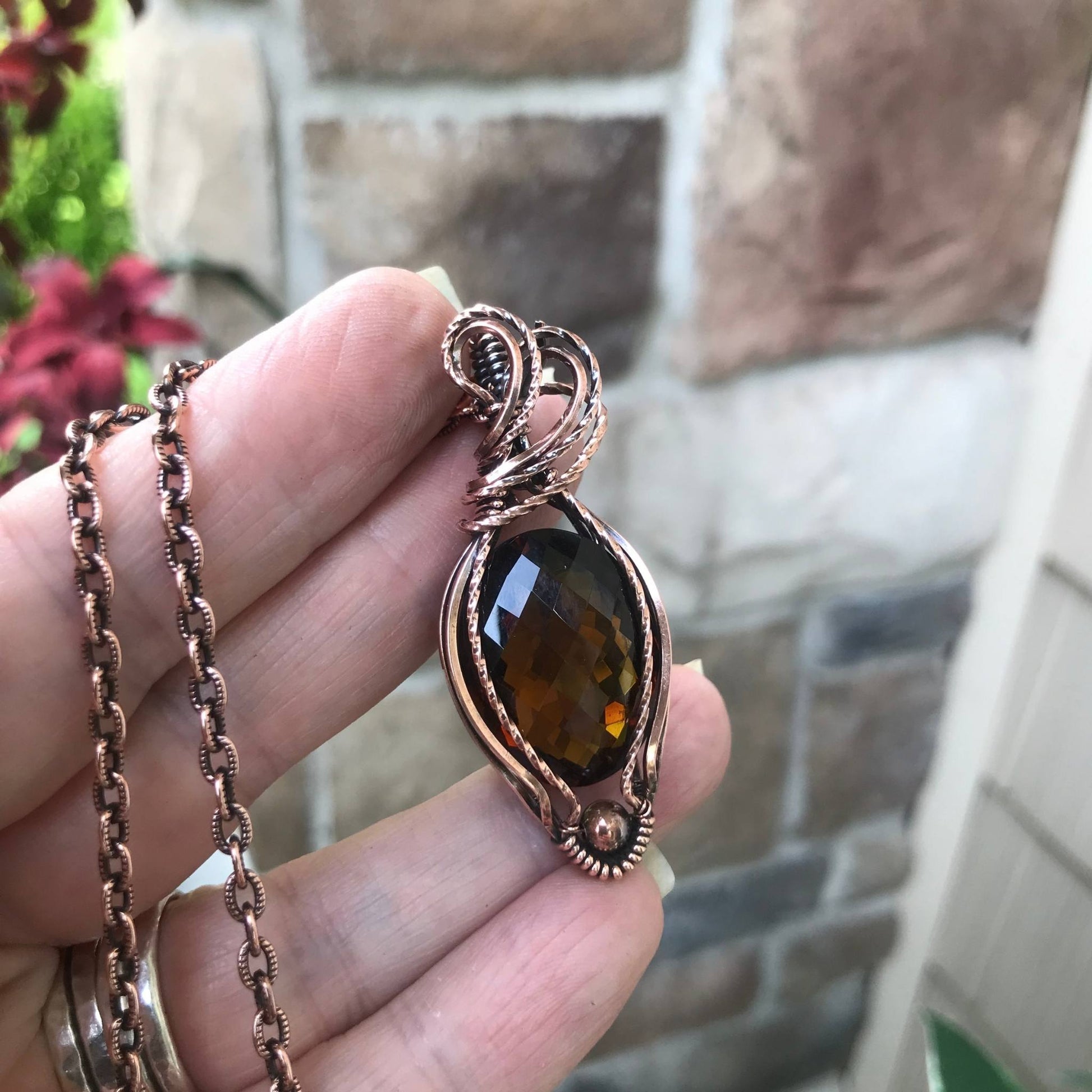 Faceted beer quartz copper wire wrapped pendant by Moonlet Jewelry