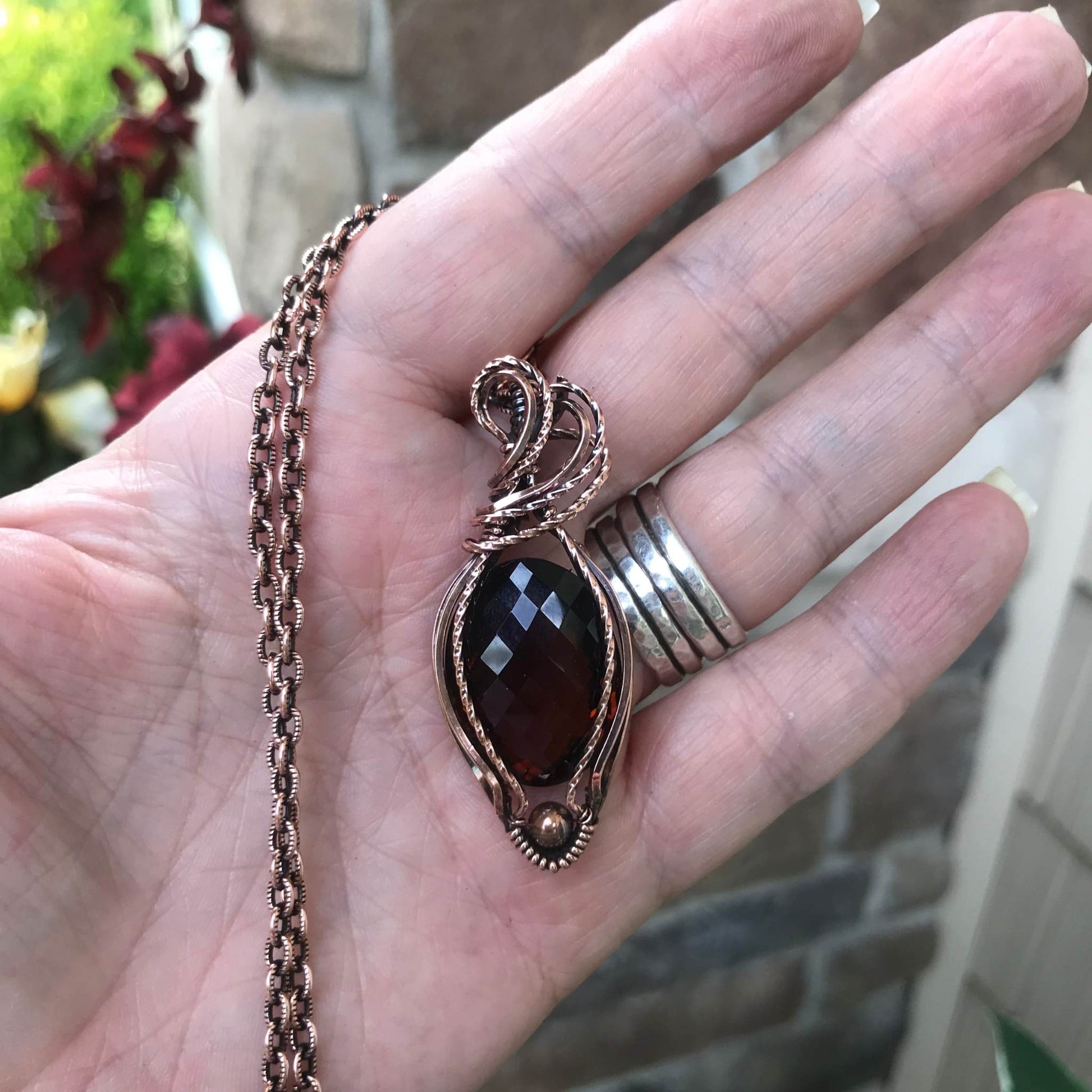 Faceted beer quartz copper wire wrapped pendant by Moonlet Jewelry