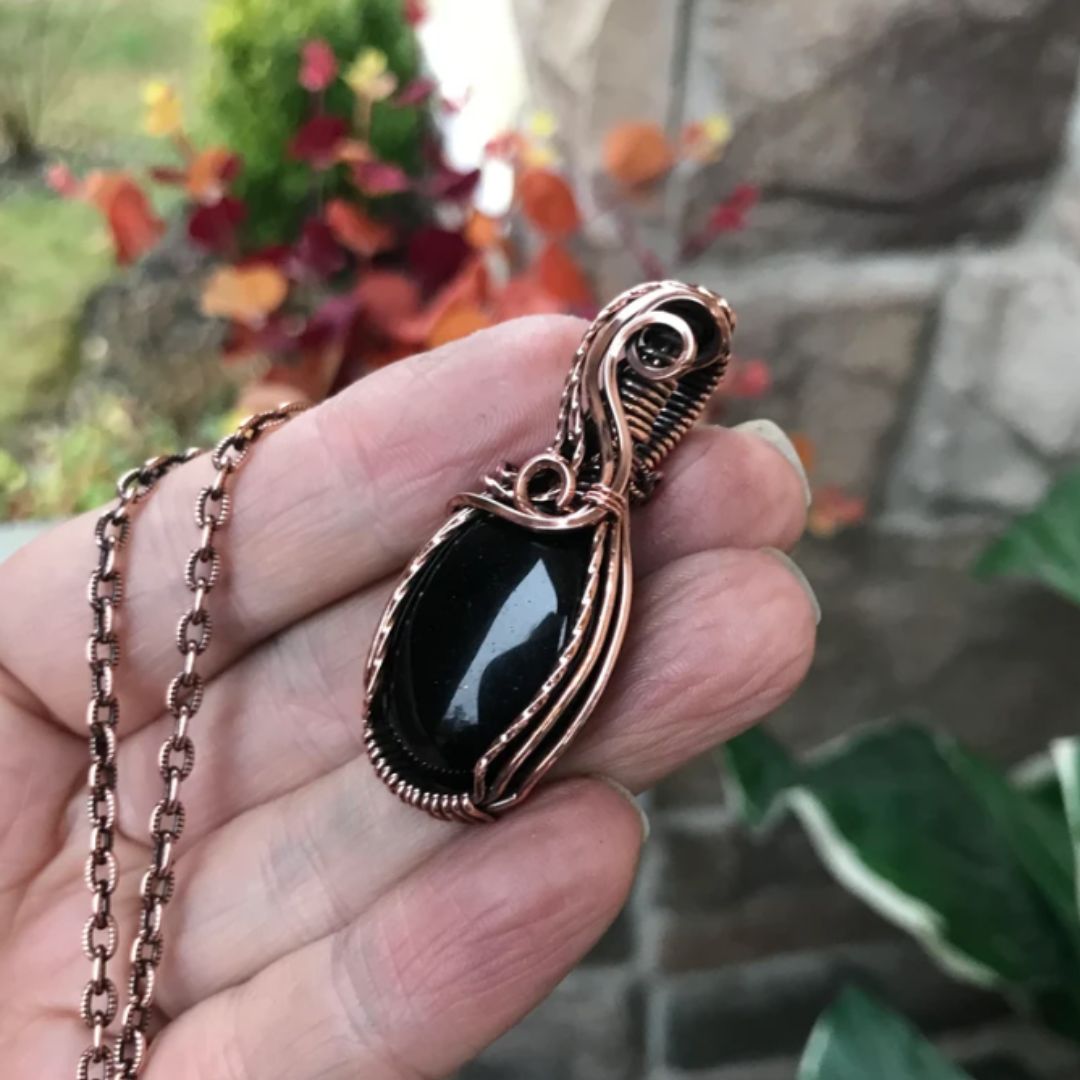 black obsidian oval copper wire wrapped necklace