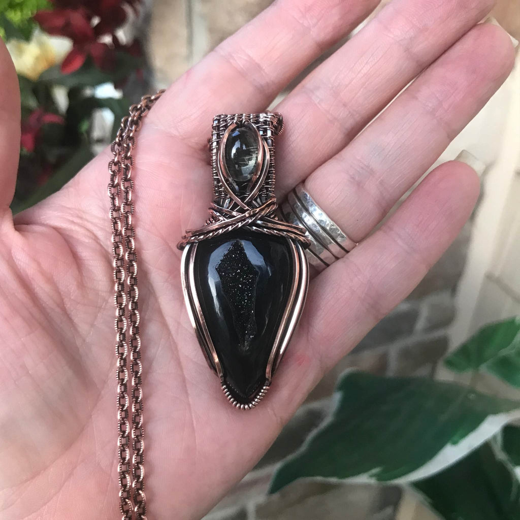 Black onyx druzy with prasiolite copper wire wrapped pendant by Moonlet Jewelry