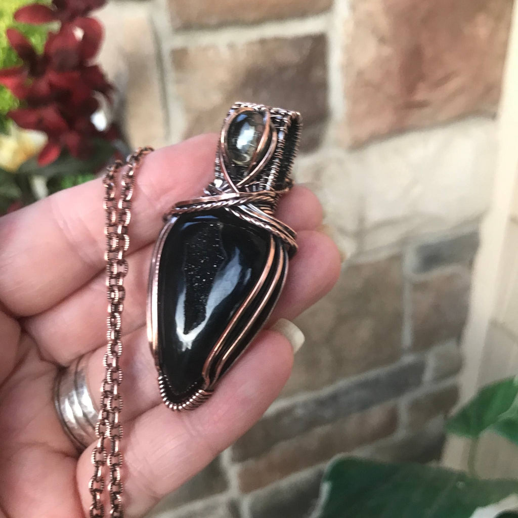 Black onyx druzy with prasiolite copper wire wrapped pendant by Moonlet Jewelry