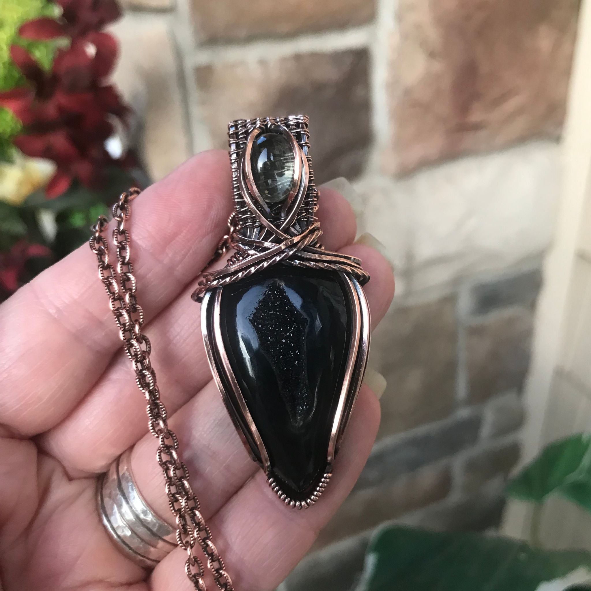 Black onyx druzy with prasiolite copper wire wrapped pendant by Moonlet Jewelry