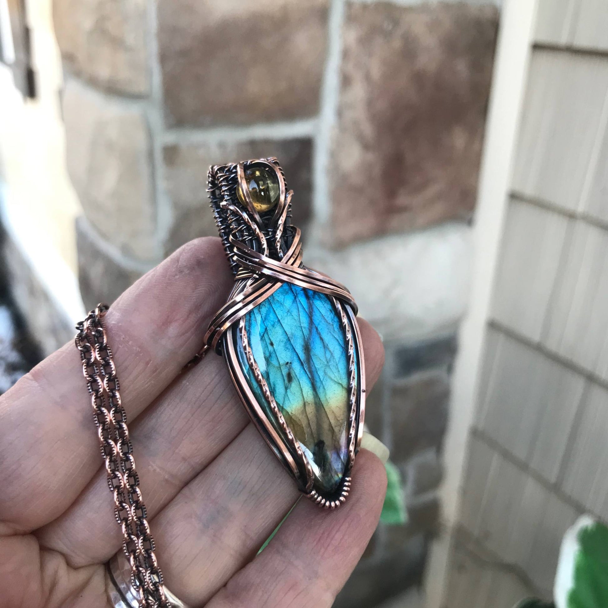 Blue Gold Labradorite with Citrine Copper Necklace