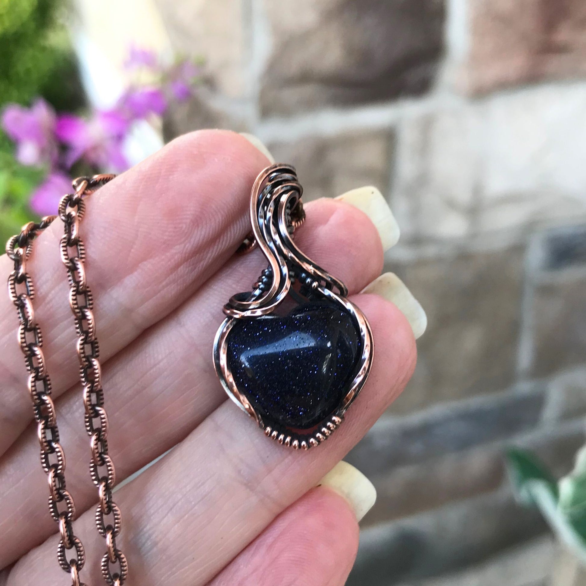 Blue Goldstone Mini Heart Copper Necklace