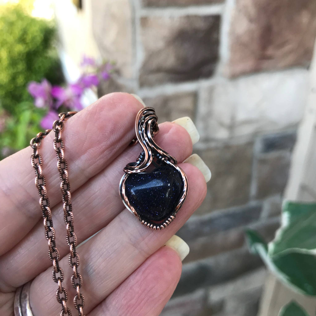 blue goldstone mini heart copper pendant