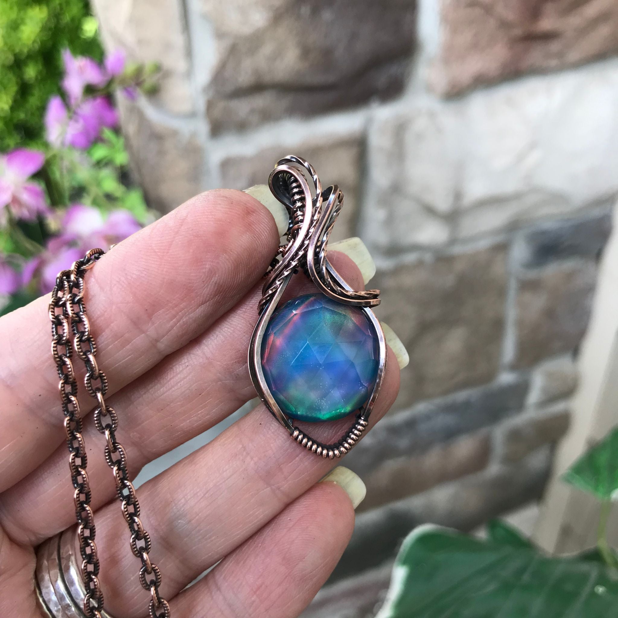 Aurora opal blue and green round copper wire wrapped pendant by Moonlet Jewelry