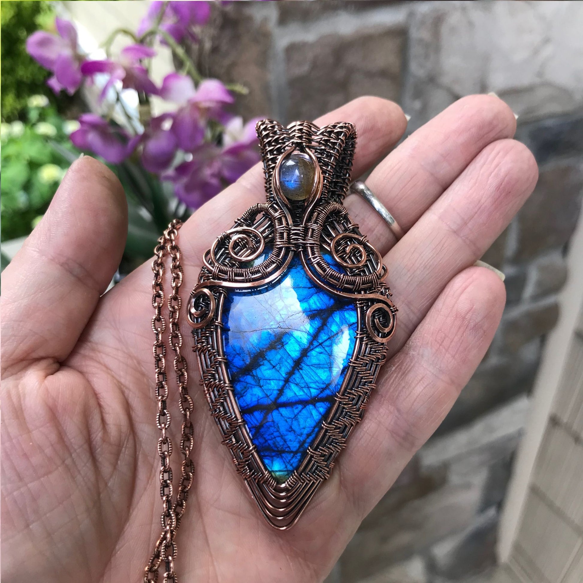 Blue Labradorite Ornate Wire Weave Pendant