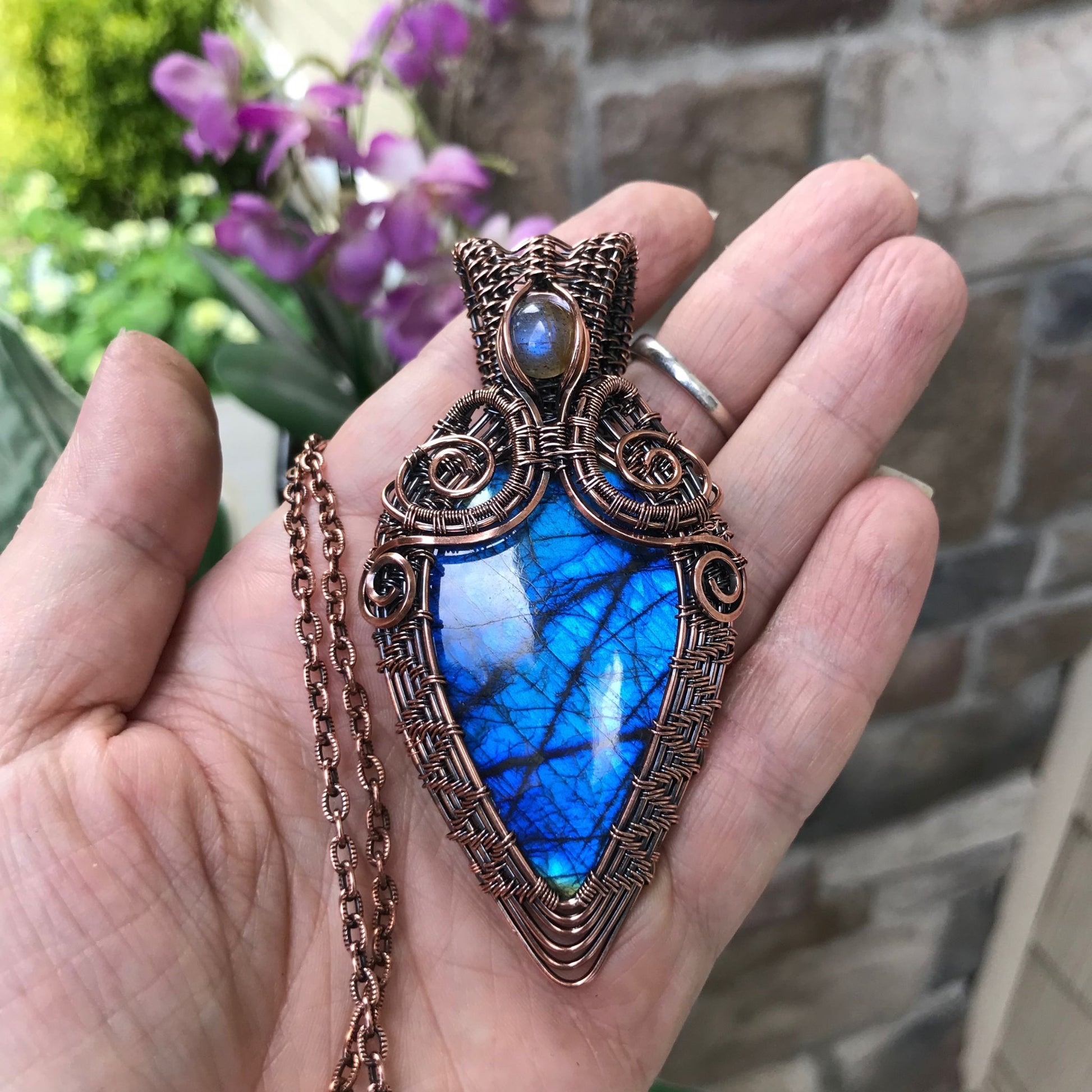 Blue Labradorite Ornate Wire Weave Pendant