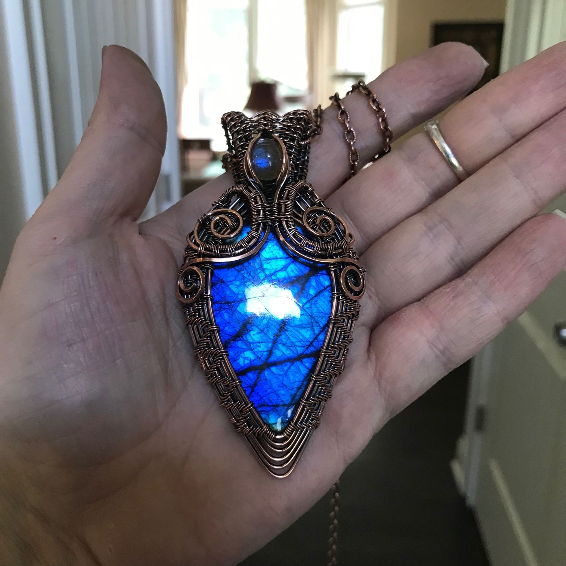 Blue Labradorite Ornate Wire Weave Pendant