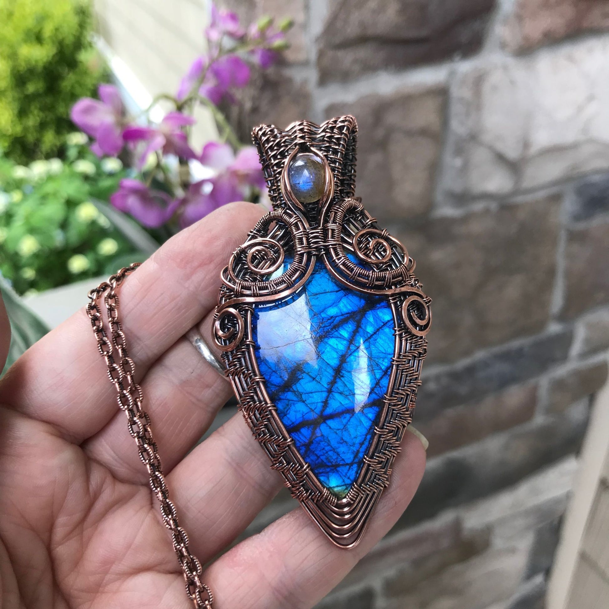 Blue Labradorite Ornate Wire Weave Pendant