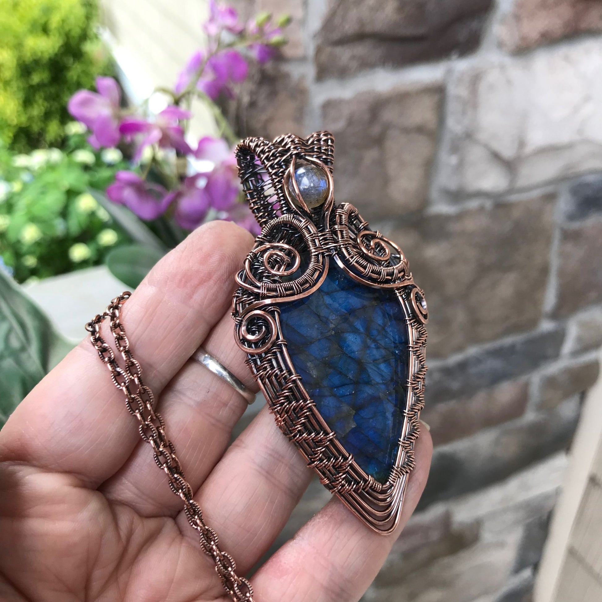 Blue Labradorite Ornate Wire Weave Pendant