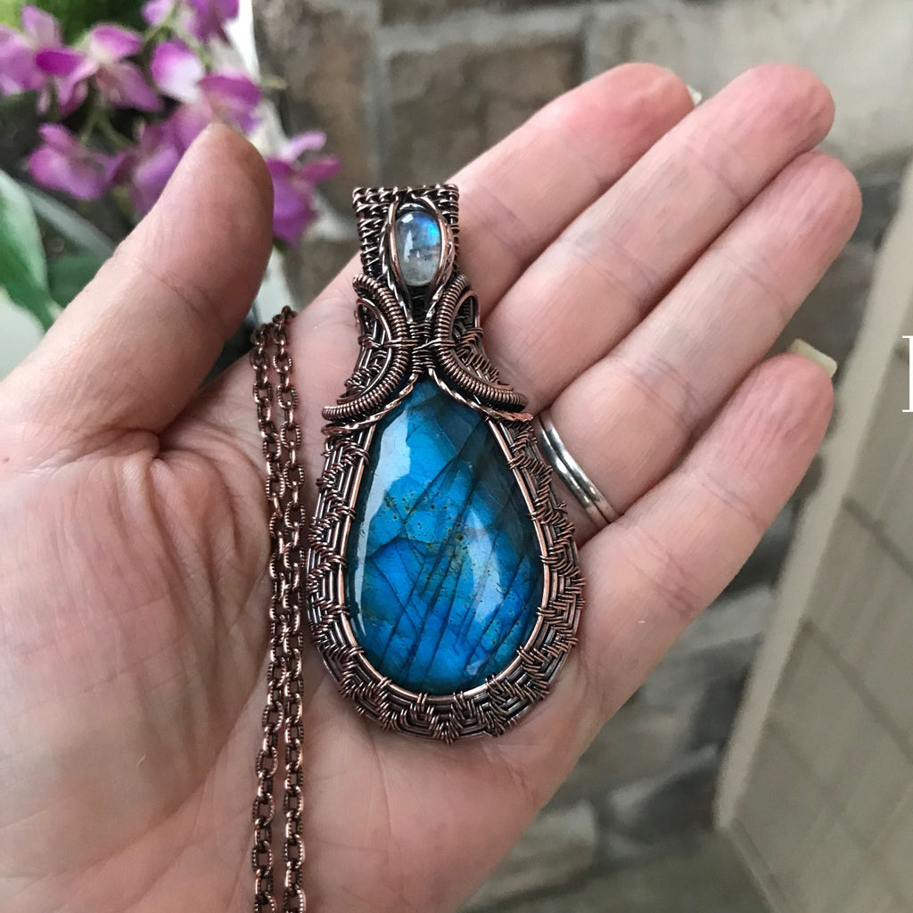 blue labradorite moonstone wire weave copper pendant