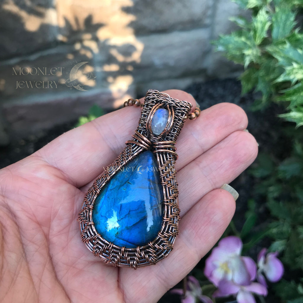 blue labradorite moonstone wire weave copper pendant moonlet jewelry