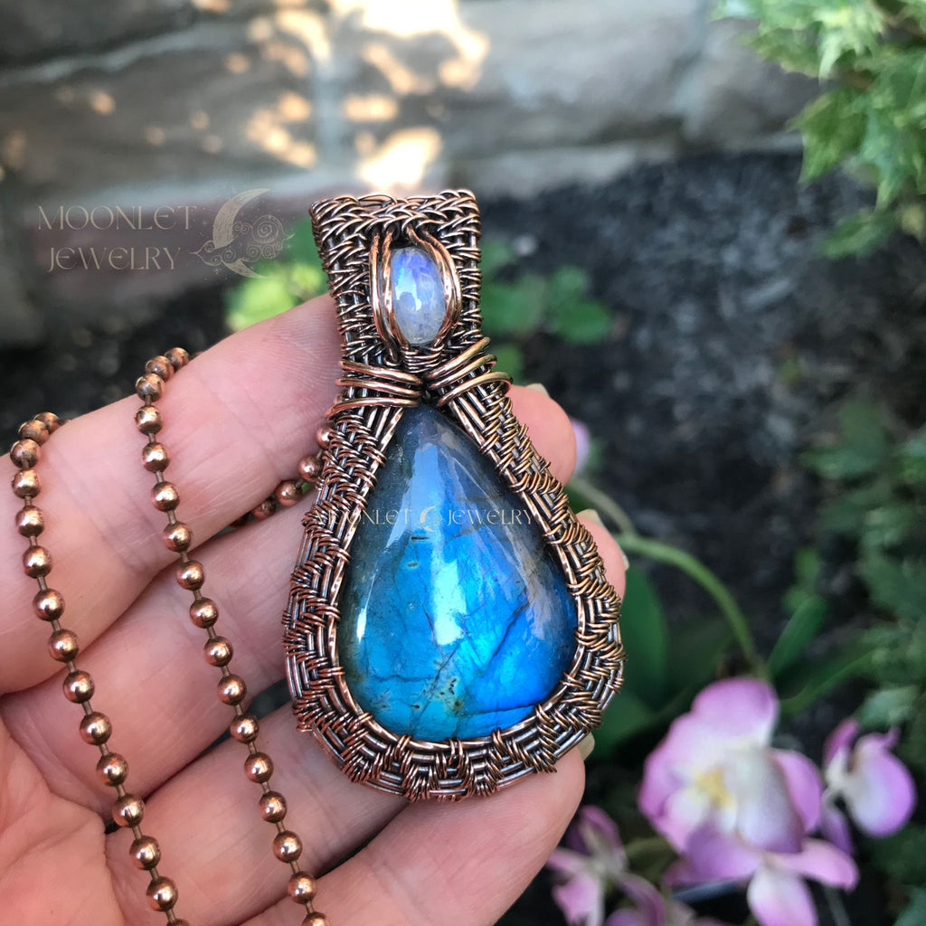blue labradorite moonstone wire weave copper pendant moonlet jewelry