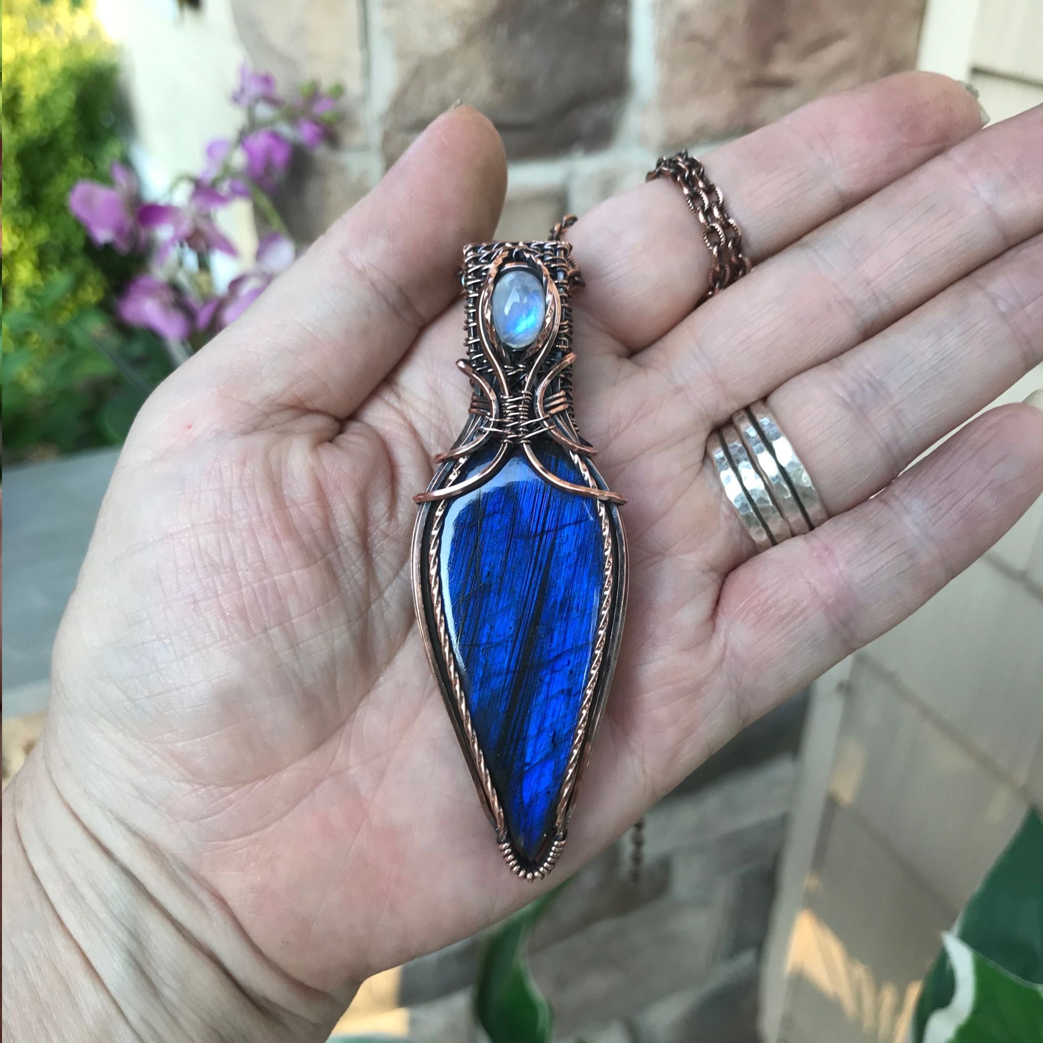 electric blue labradorite moonstone copper pendant