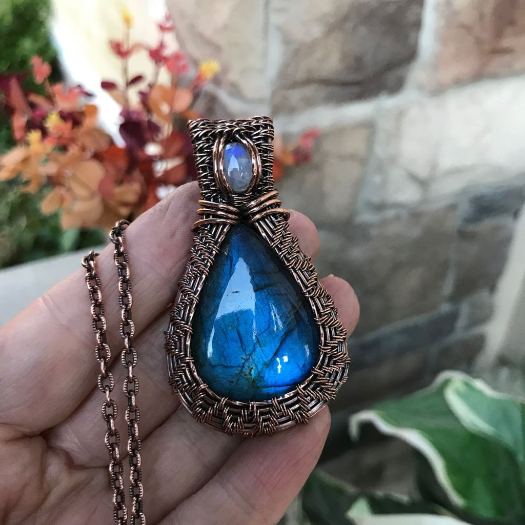 blue labradorite moonstone wire weave copper pendant