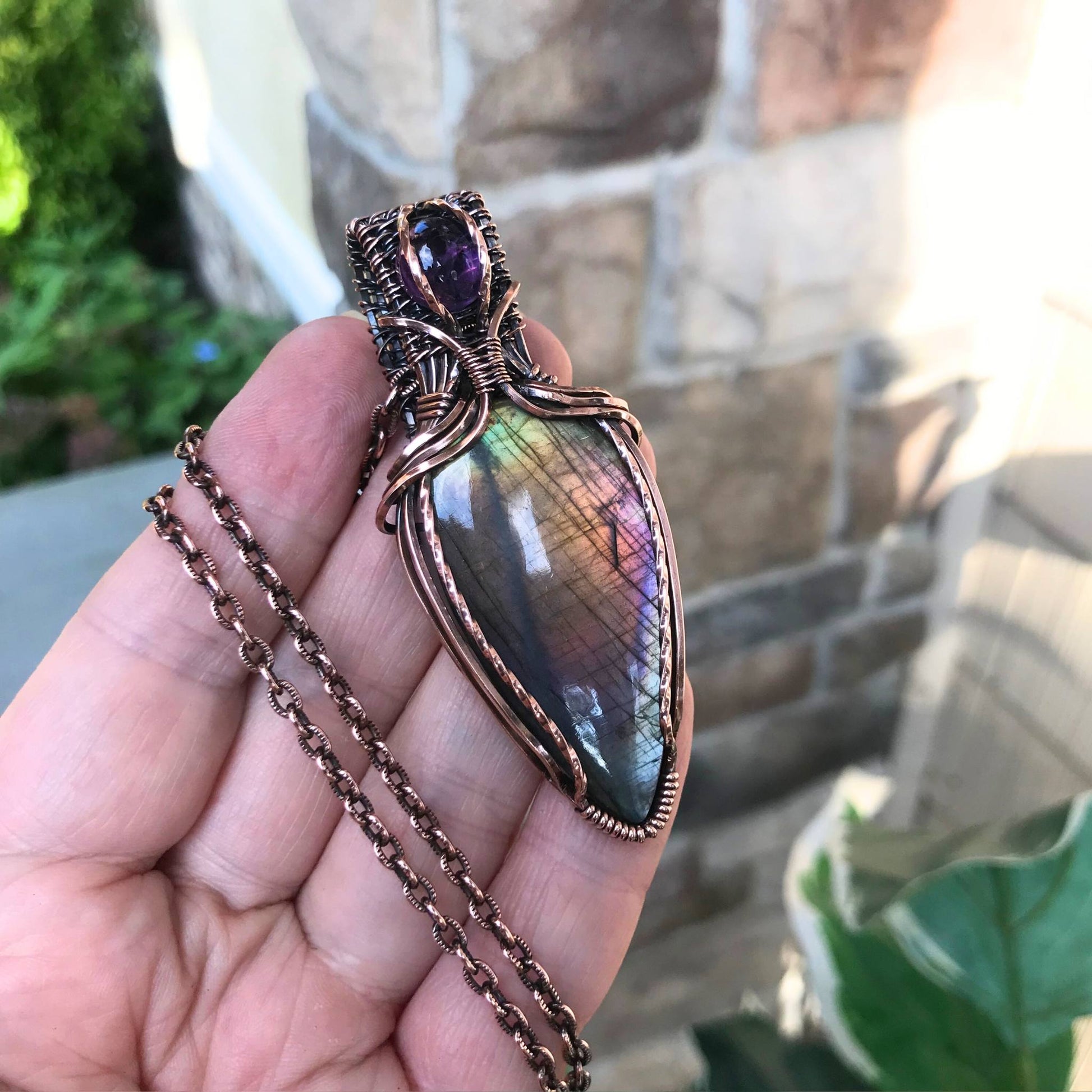 rainbow labradorite amethyst wire wrapped pendant