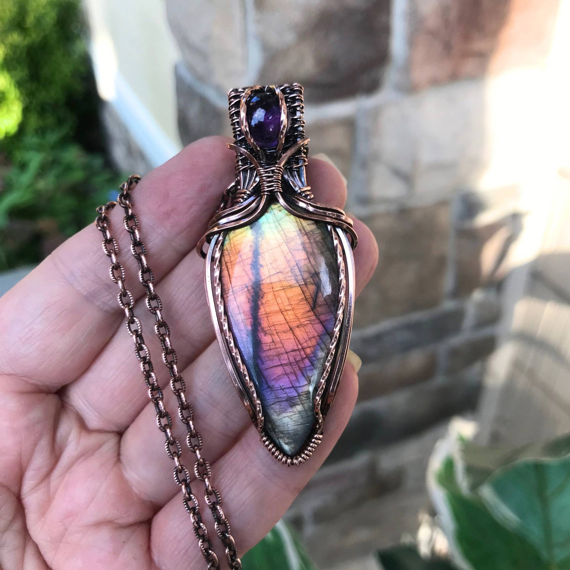 rainbow labradorite amethyst wire wrapped pendant