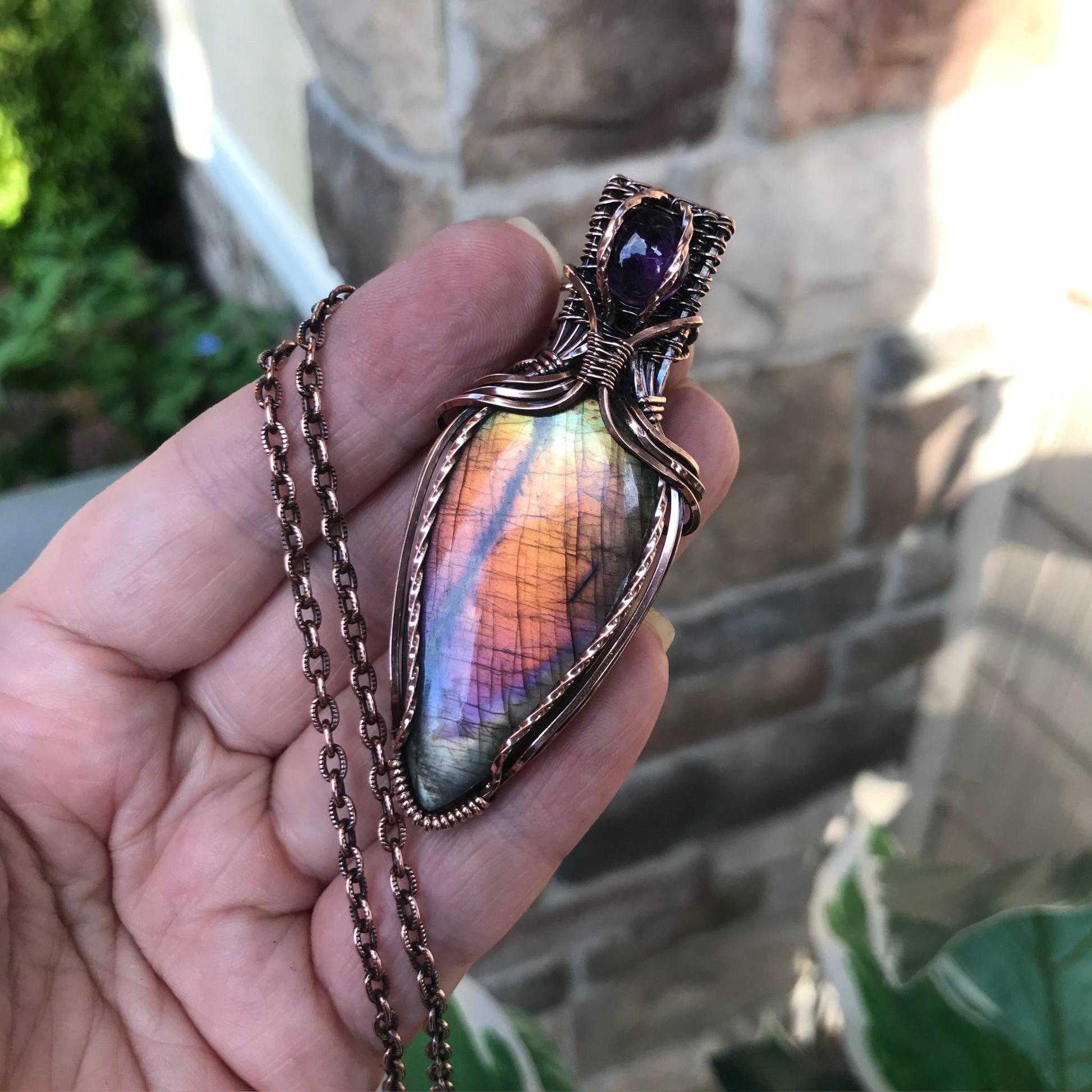 rainbow labradorite amethyst wire wrapped pendant