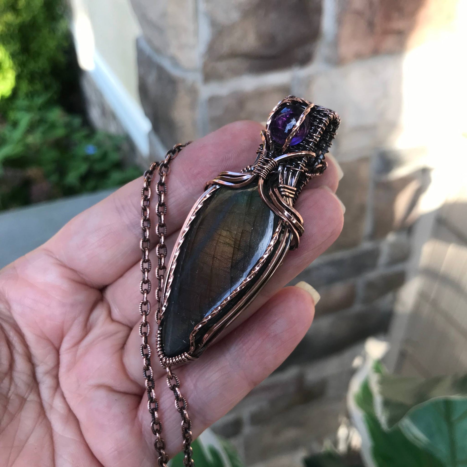 rainbow labradorite amethyst wire wrapped pendant