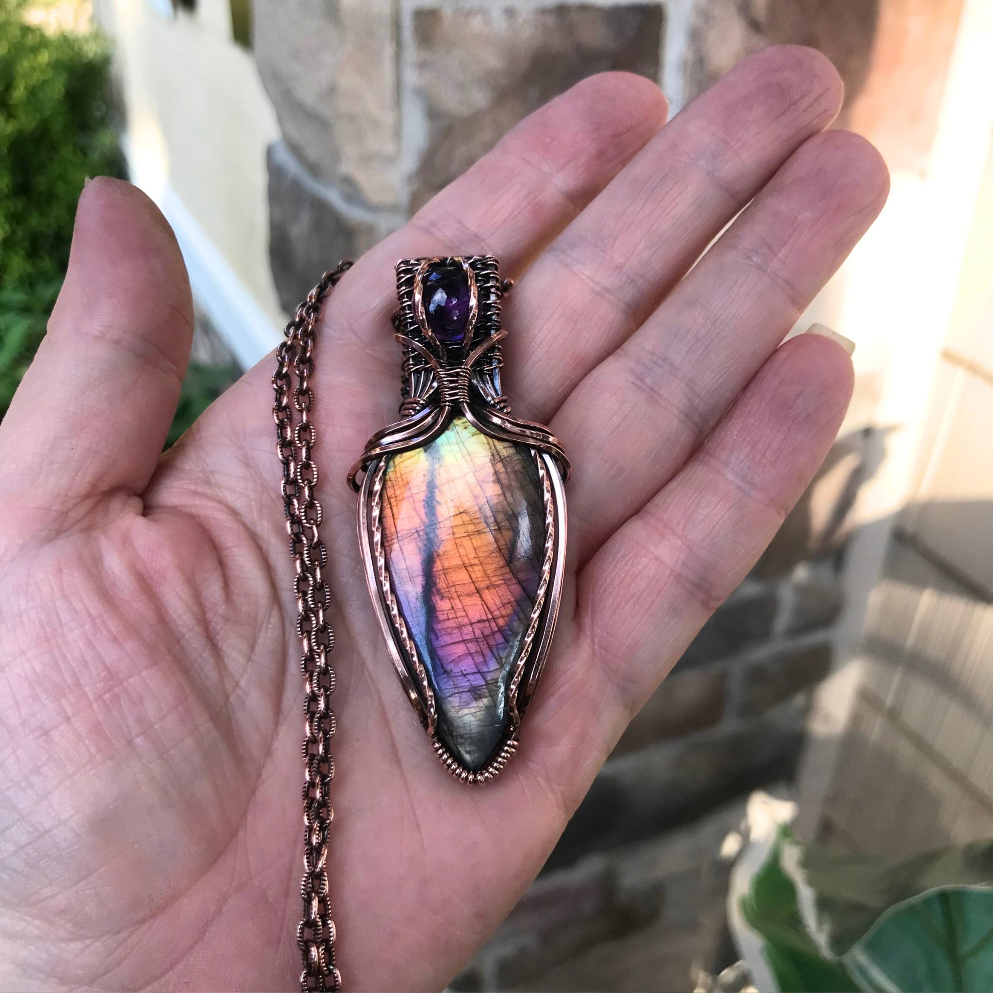 rainbow labradorite amethyst wire wrapped pendant