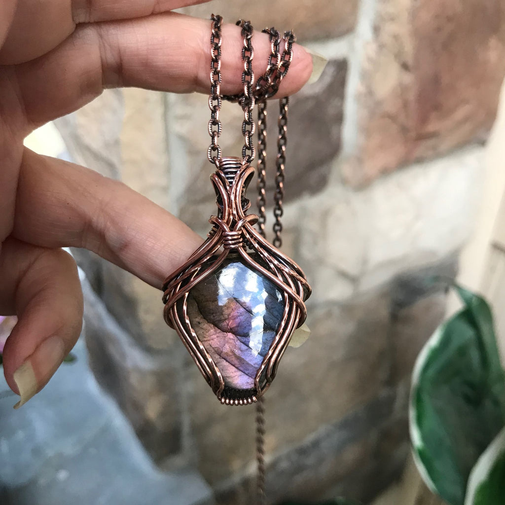 Rainbow purple labradorite copper pendant moonlet jewelry
