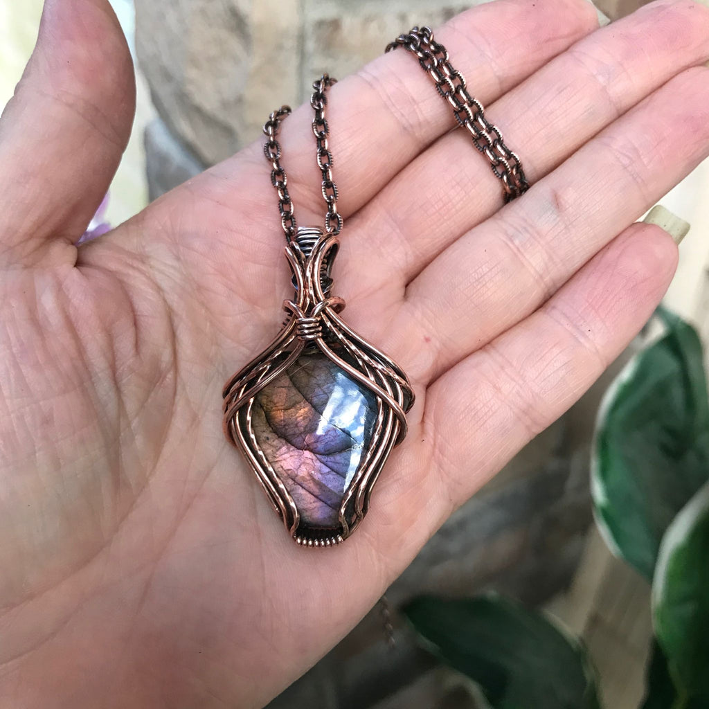 Rainbow purple labradorite copper  pendant moonlet jewelry