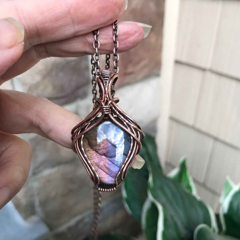 Rainbow purple labradorite copper wire wrapped pendant moonlet jewelry